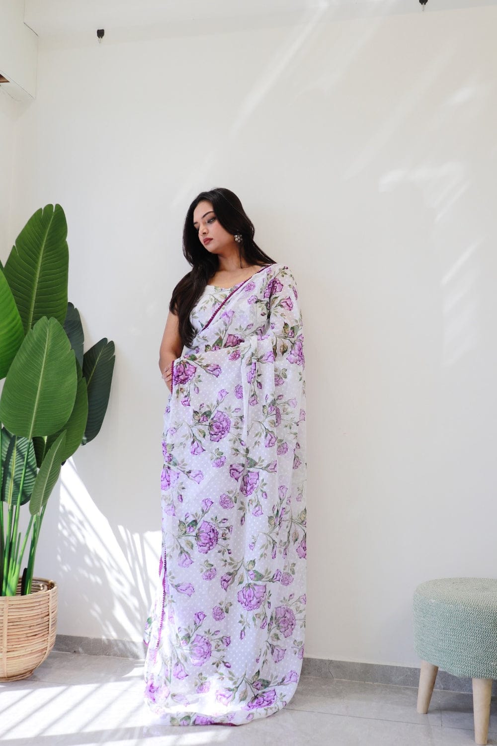 Beautiful Purple Lace Border White Ready To Wear Saree