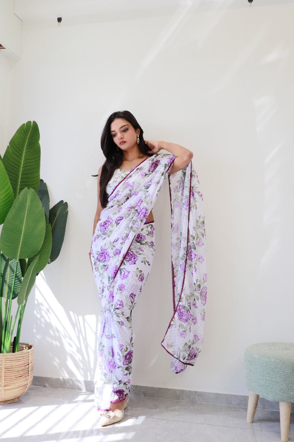 Beautiful Purple Lace Border White Ready To Wear Saree