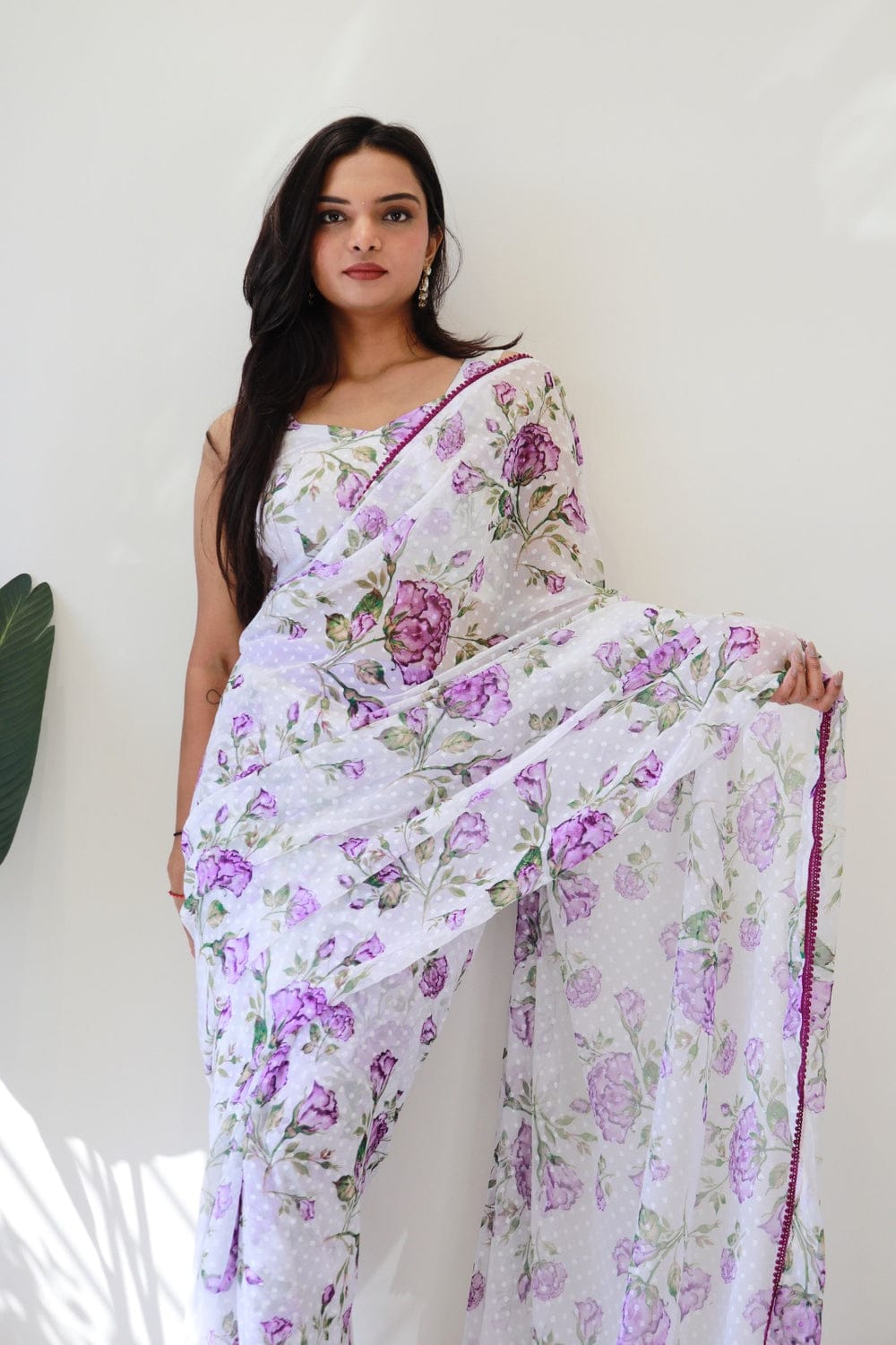 Beautiful Purple Lace Border White Ready To Wear Saree