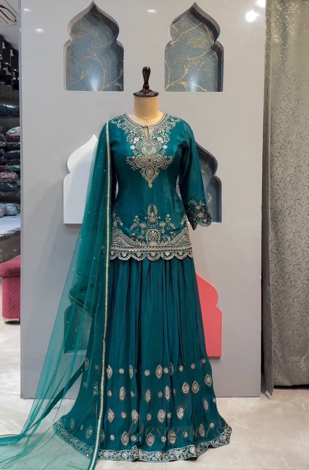 Shining Teal Blue Color Embroidery Work Sharara Suit