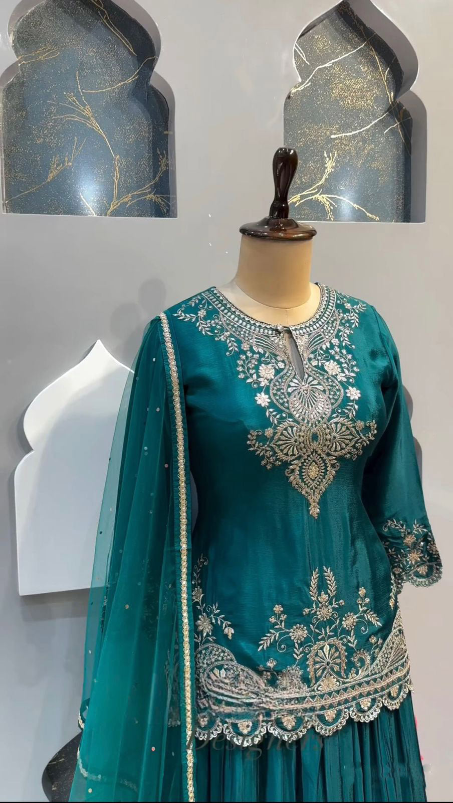 Shining Teal Blue Color Embroidery Work Sharara Suit