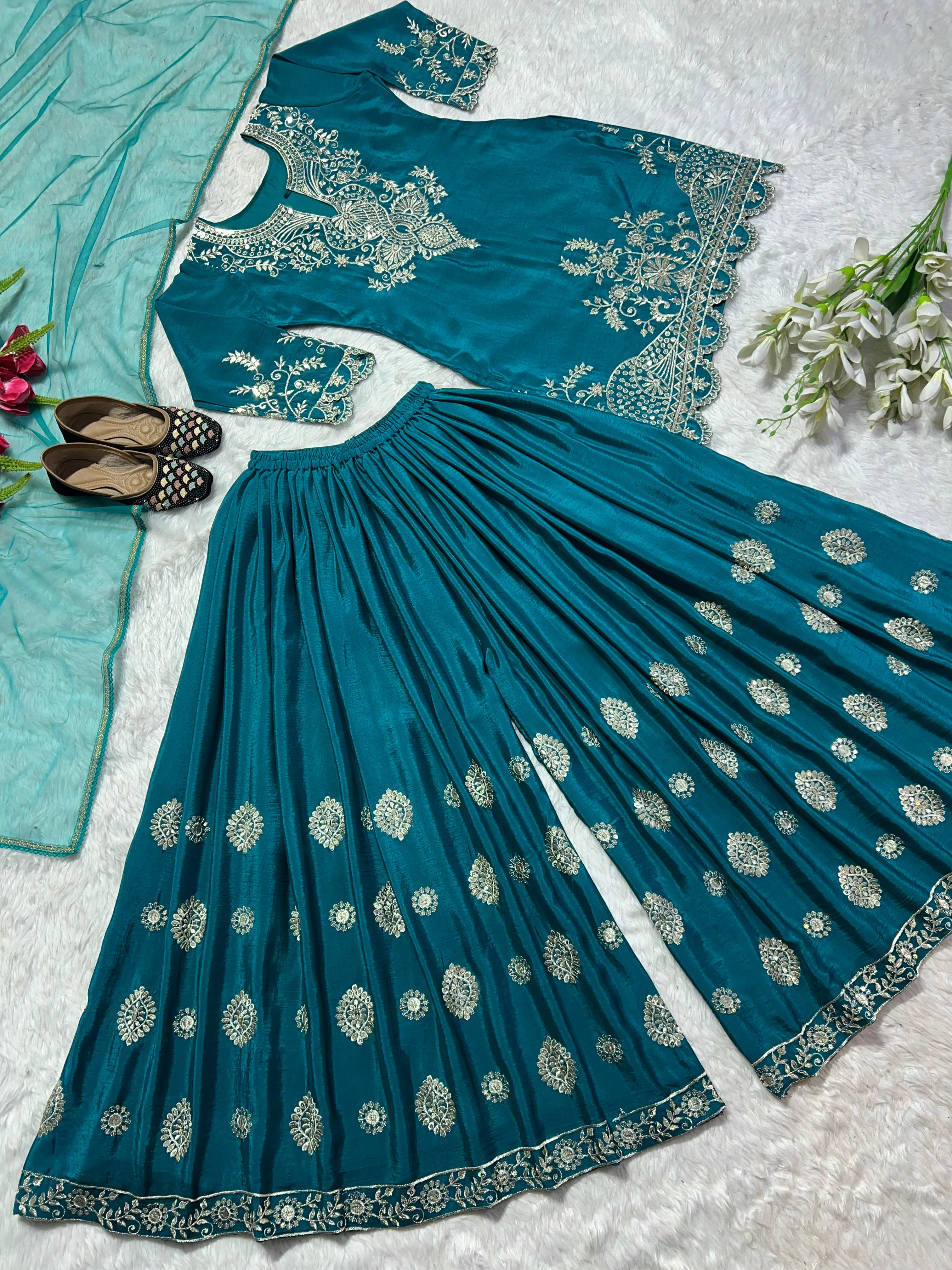 Shining Teal Blue Color Embroidery Work Sharara Suit