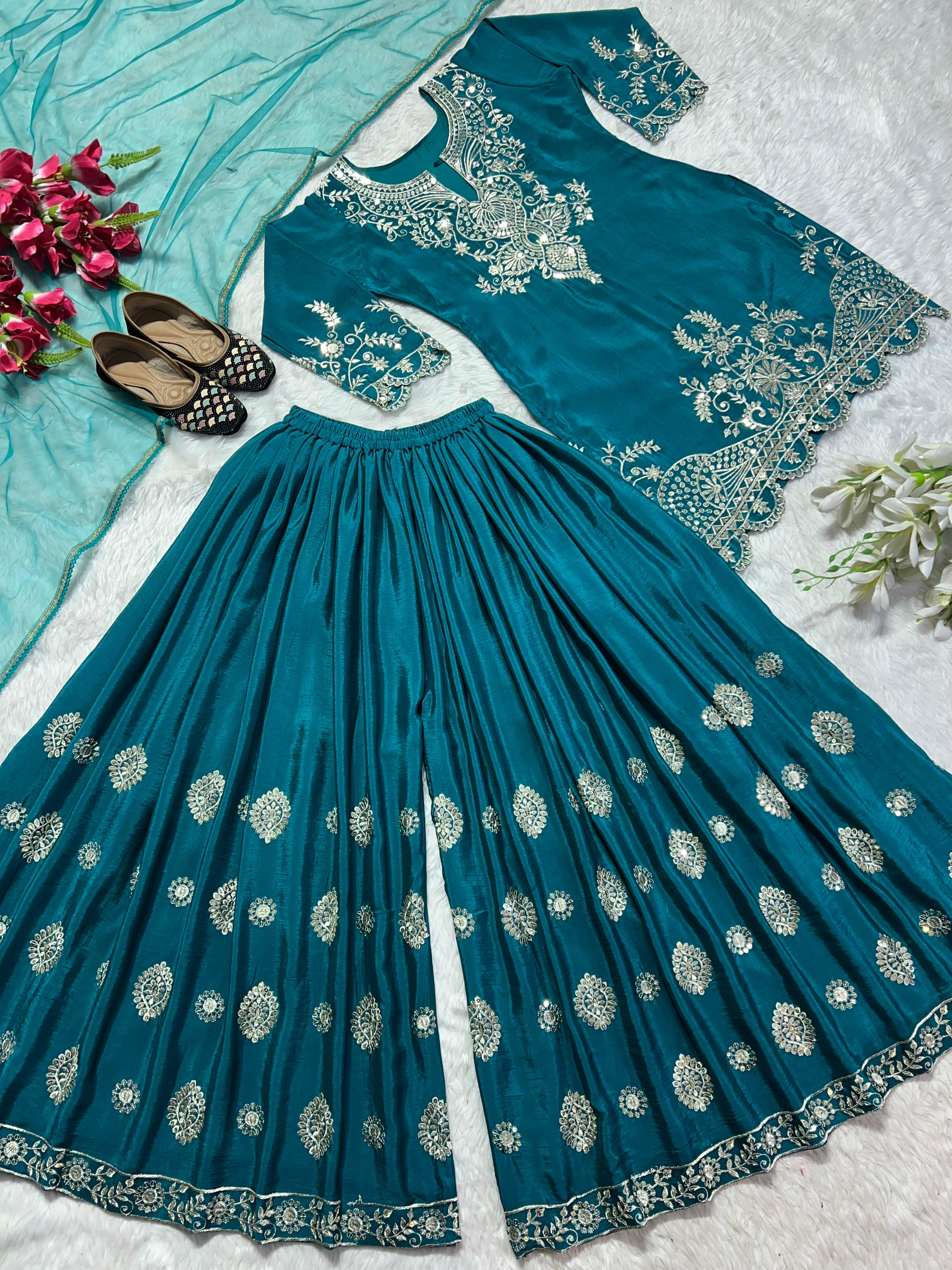 Shining Teal Blue Color Embroidery Work Sharara Suit