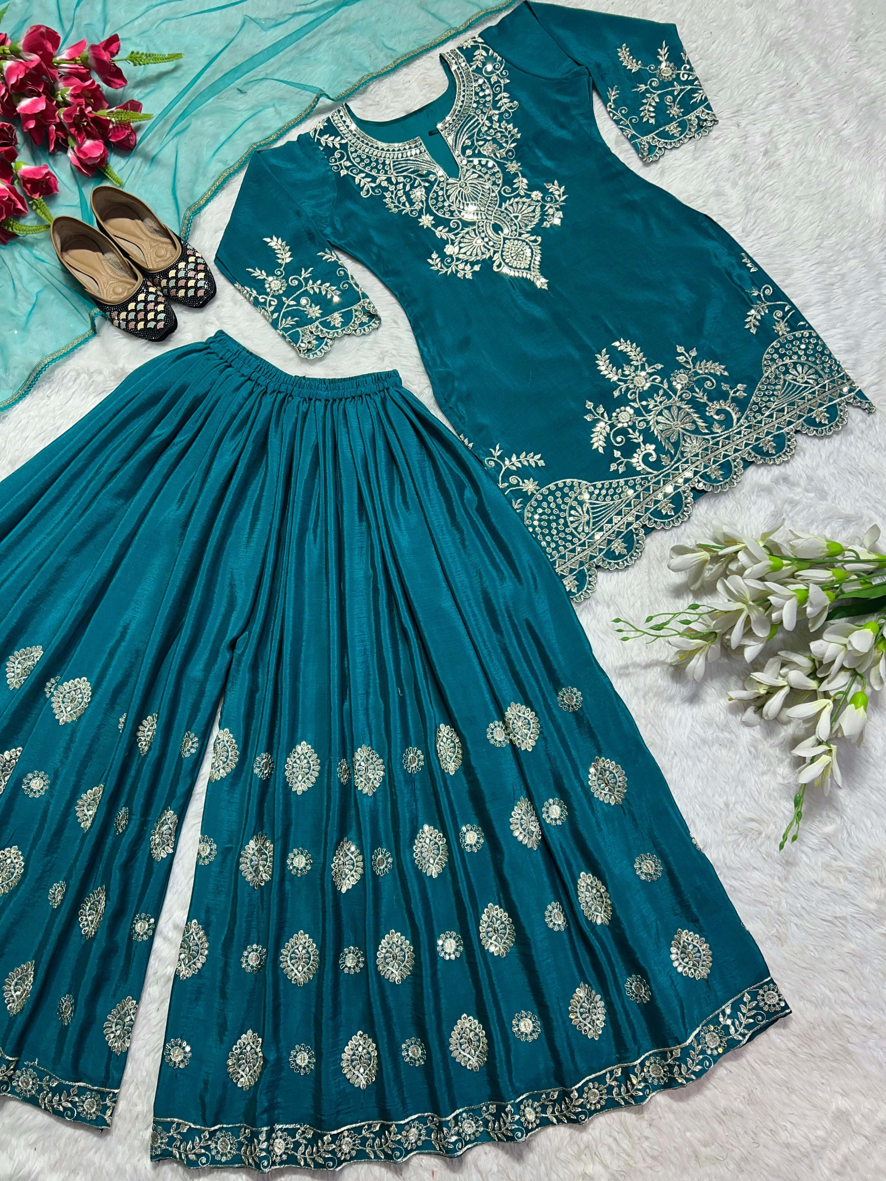 Shining Teal Blue Color Embroidery Work Sharara Suit