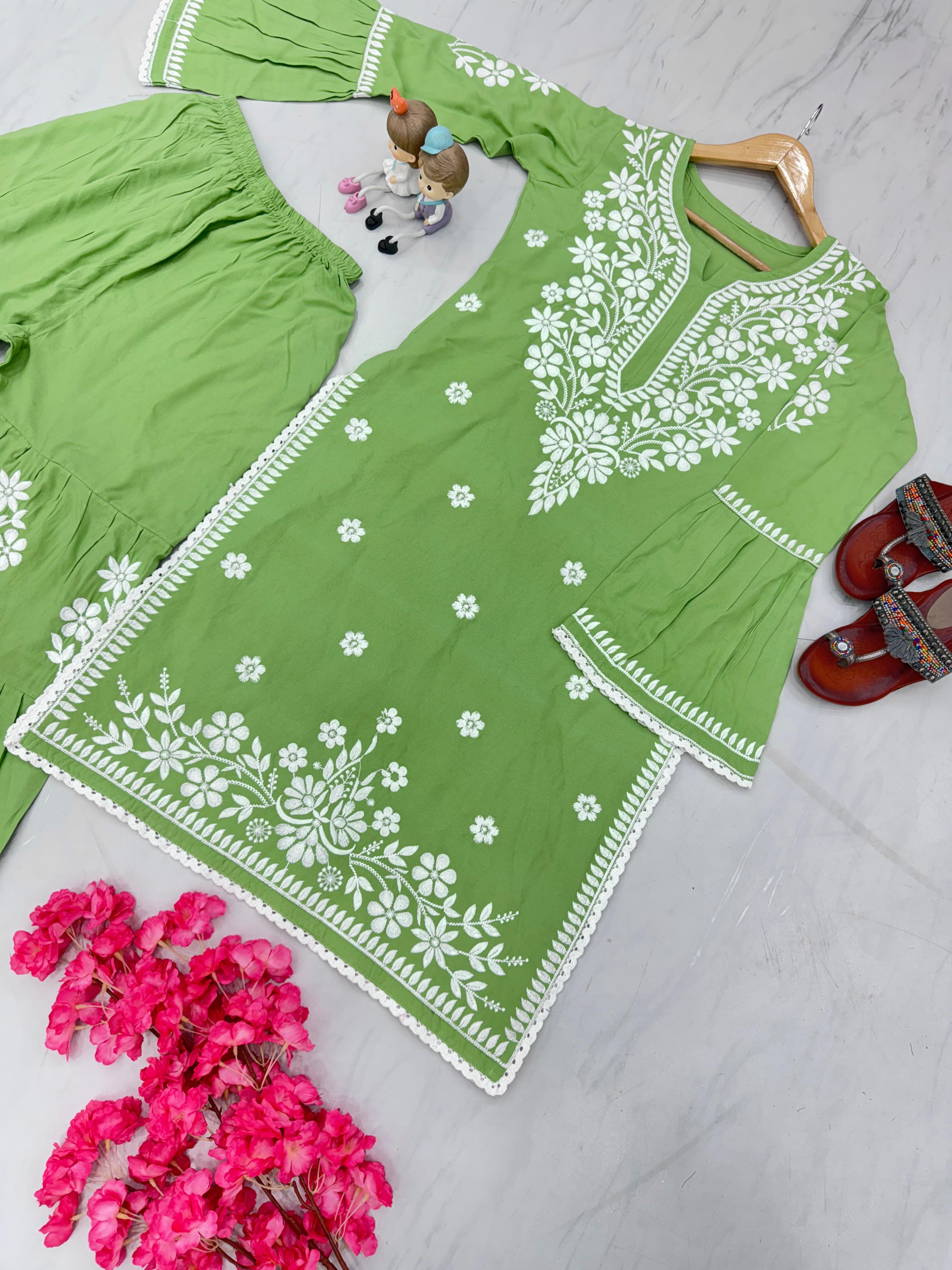 Chikankari Work And Green Rayon Kurti With Palazzo