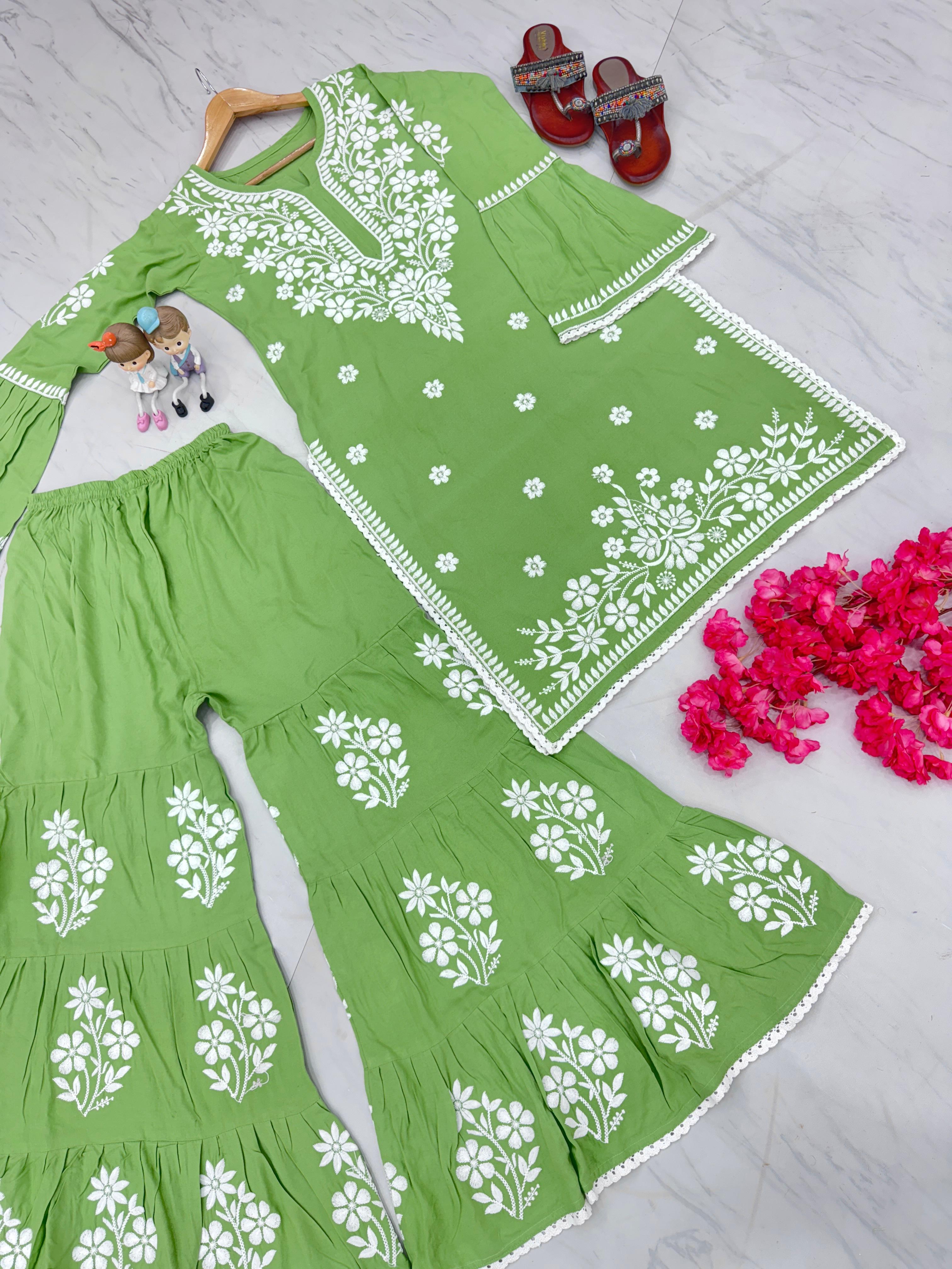 Chikankari Work And Green Rayon Kurti With Palazzo