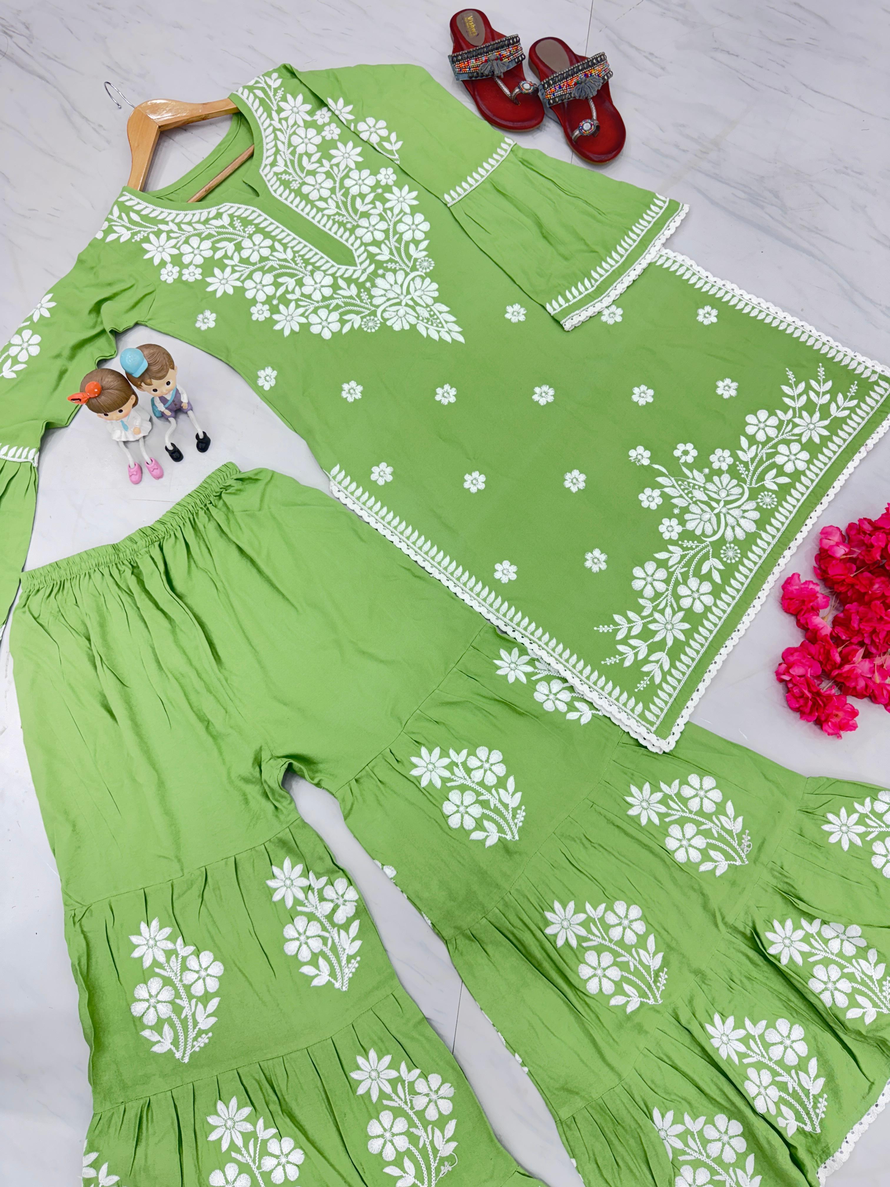 Chikankari Work And Green Rayon Kurti With Palazzo