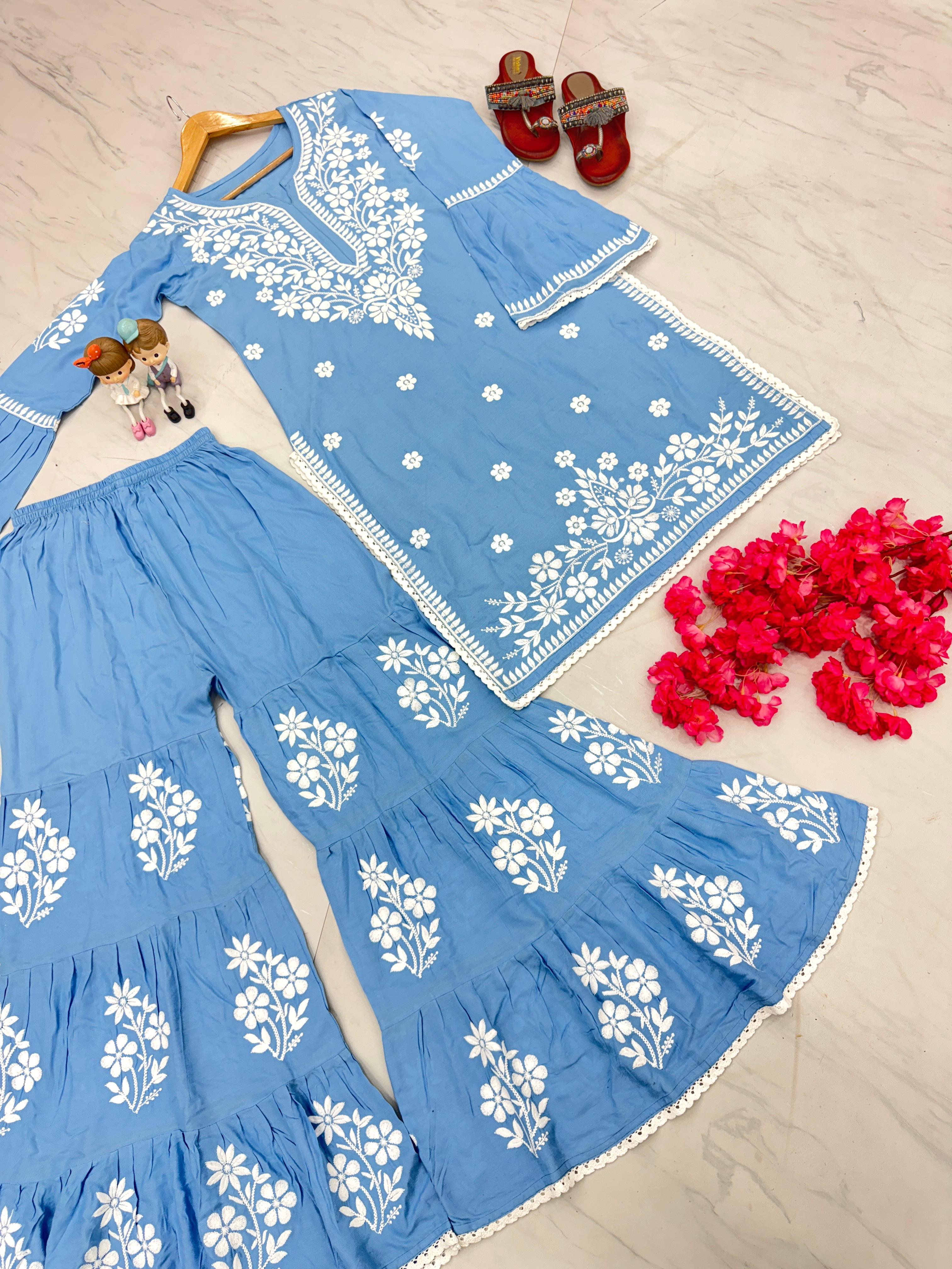 Chikankari Work And Sky Blue Rayon Kurti With Palazzo