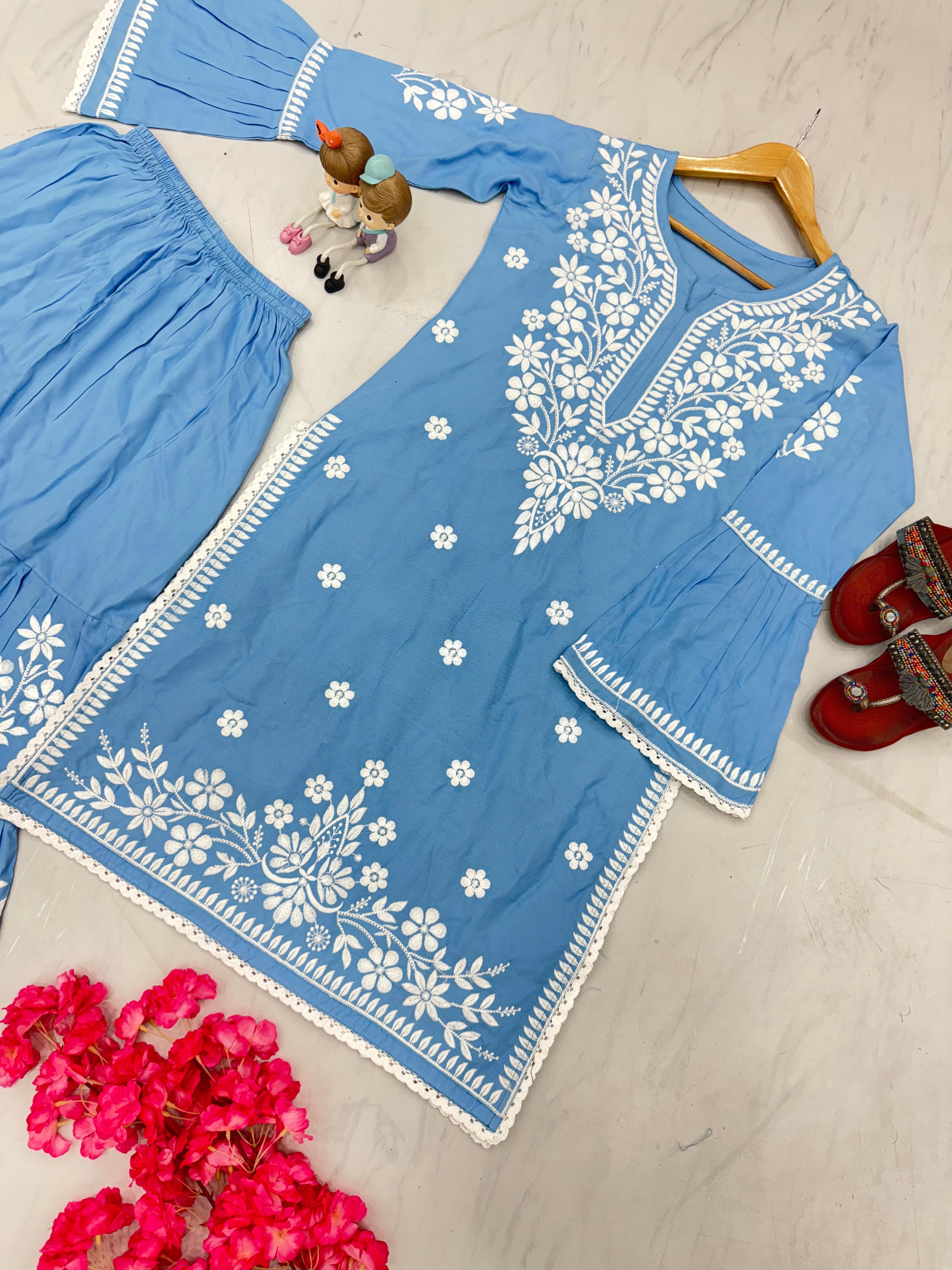 Chikankari Work And Sky Blue Rayon Kurti With Palazzo