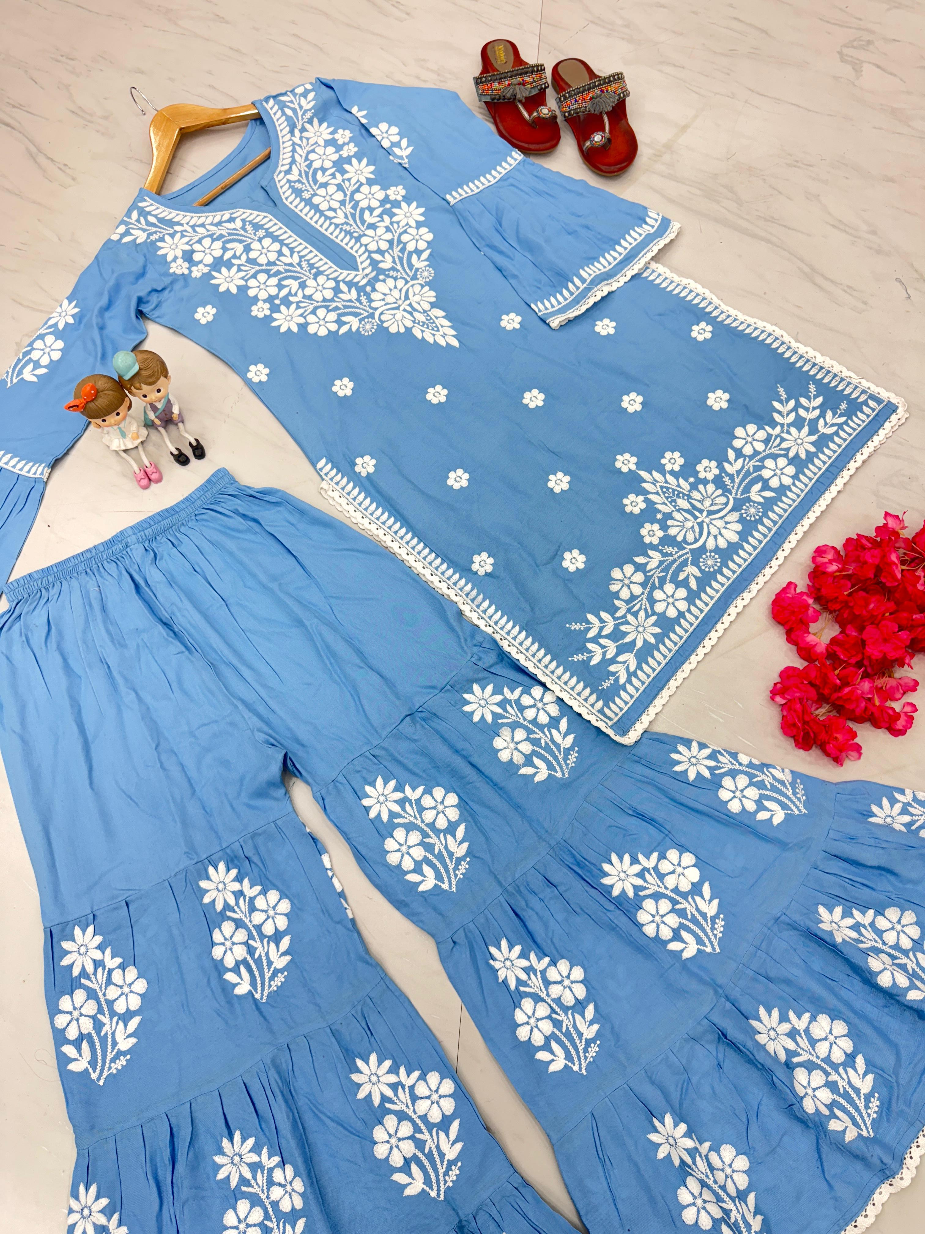 Chikankari Work And Sky Blue Rayon Kurti With Palazzo