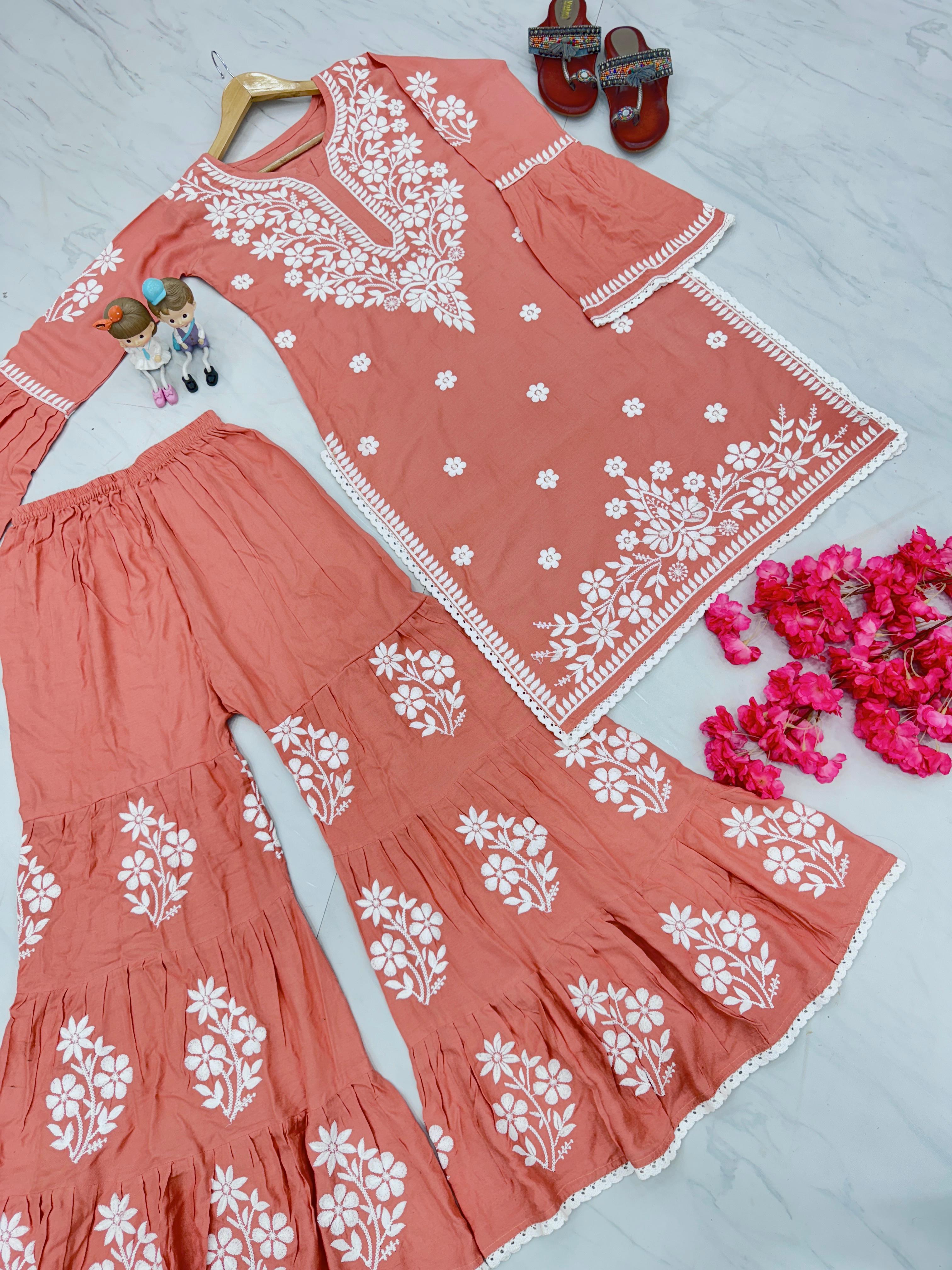 Chikankari Work And Peach Rayon Kurti With Palazzo