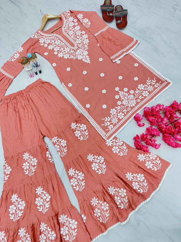 Chikankari Work And Peach Rayon Kurti With Palazzo