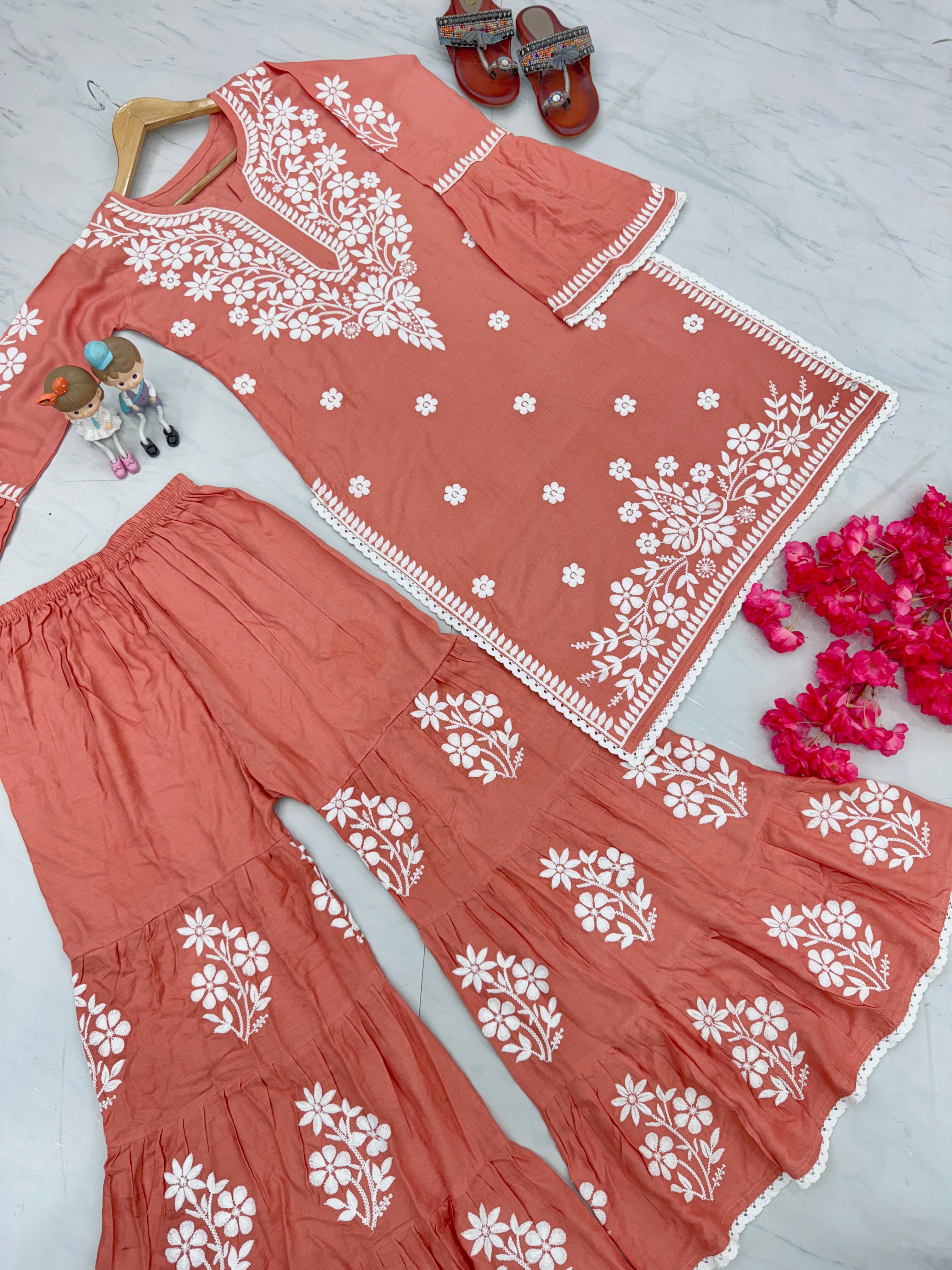 Chikankari Work And Peach Rayon Kurti With Palazzo