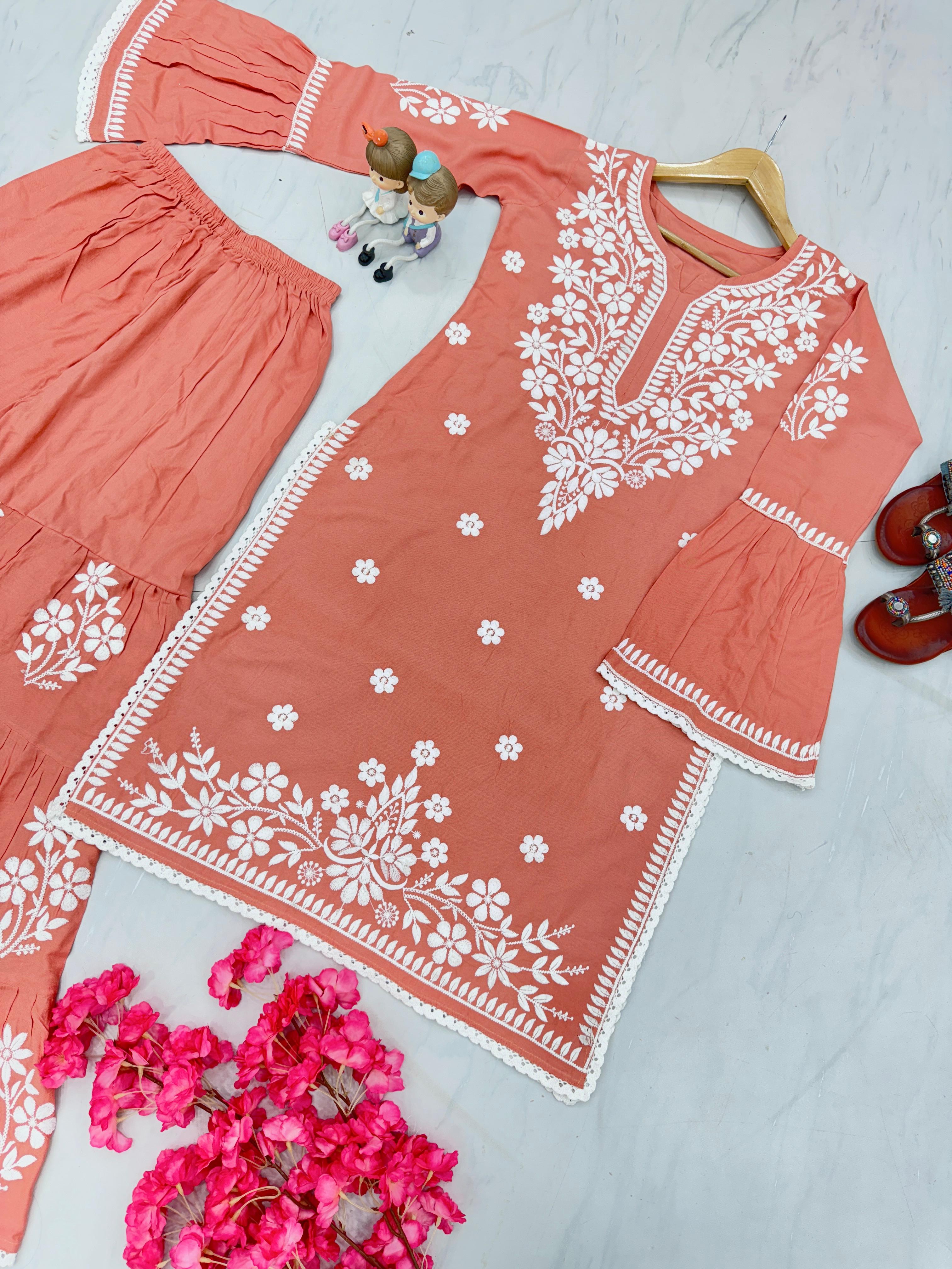 Chikankari Work And Peach Rayon Kurti With Palazzo