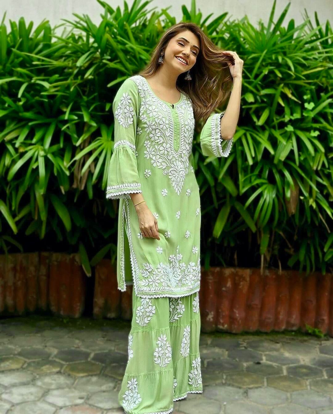 Chikankari Work And Green Rayon Kurti With Palazzo