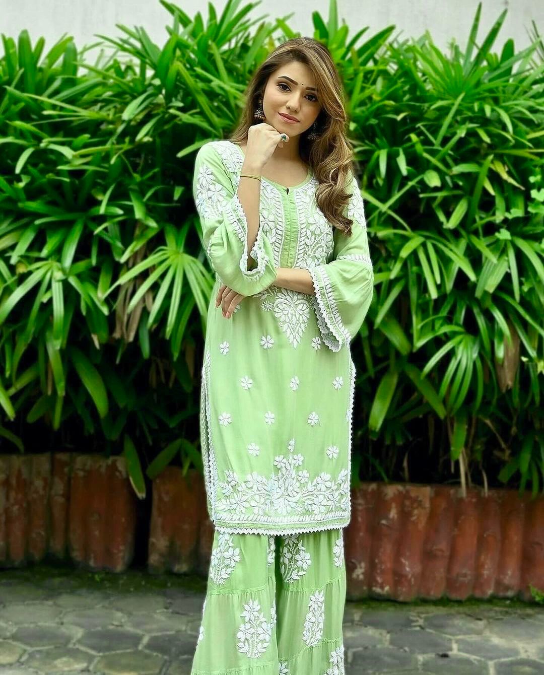 Chikankari Work And Green Rayon Kurti With Palazzo