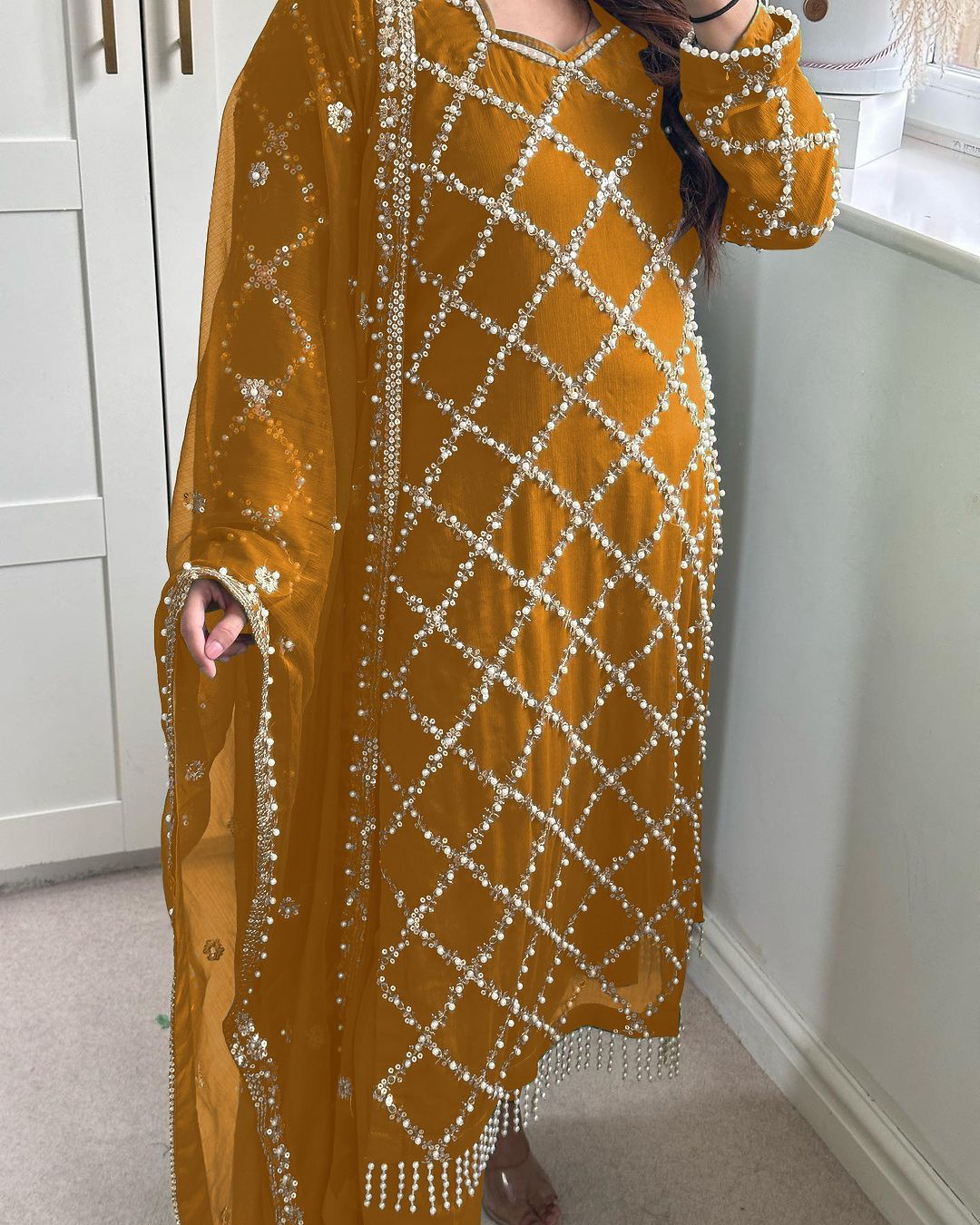 Innovative Work Mustard Salwar Suit With Dupatta