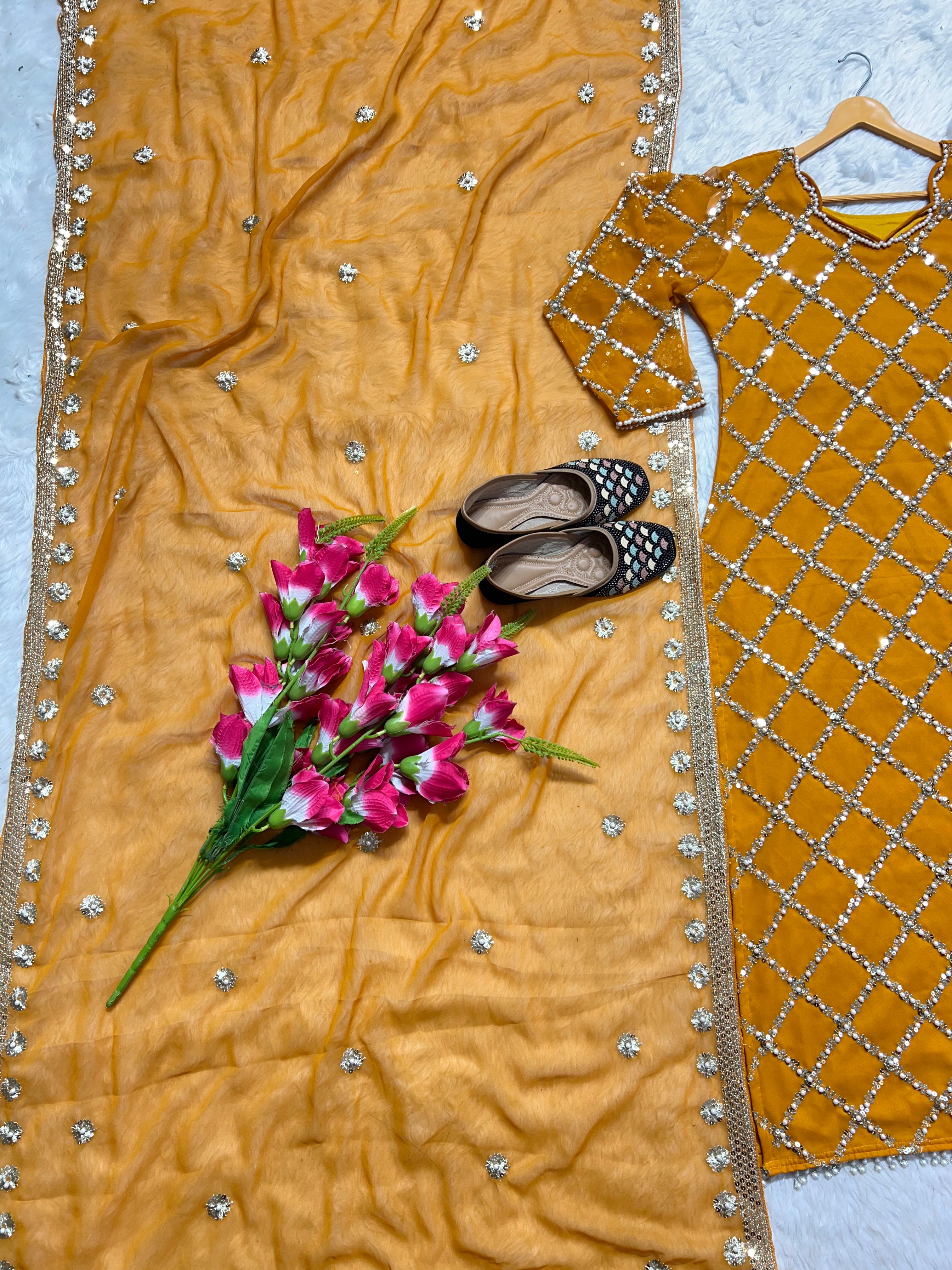 Innovative Work Mustard Salwar Suit With Dupatta