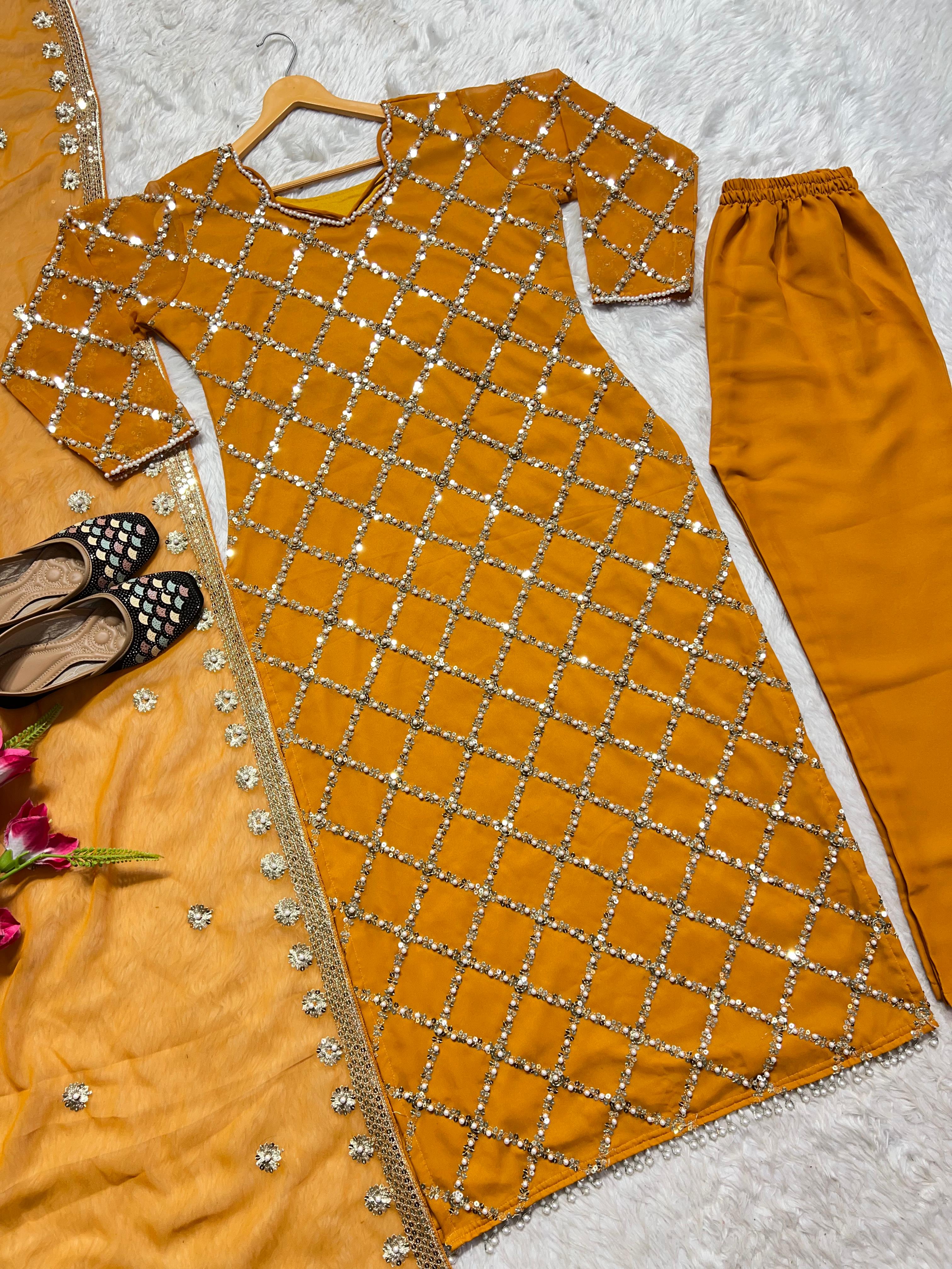 Innovative Work Mustard Salwar Suit With Dupatta