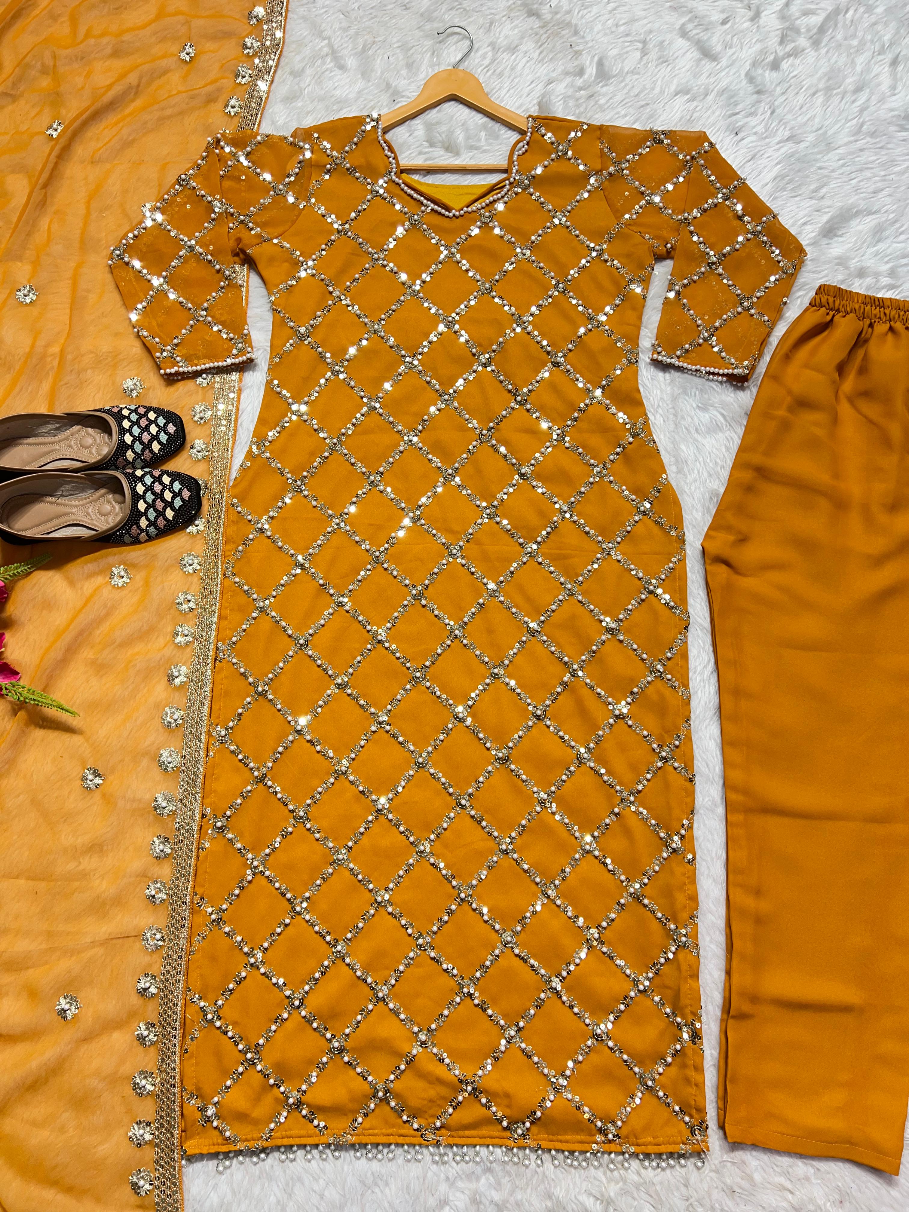 Innovative Work Mustard Salwar Suit With Dupatta