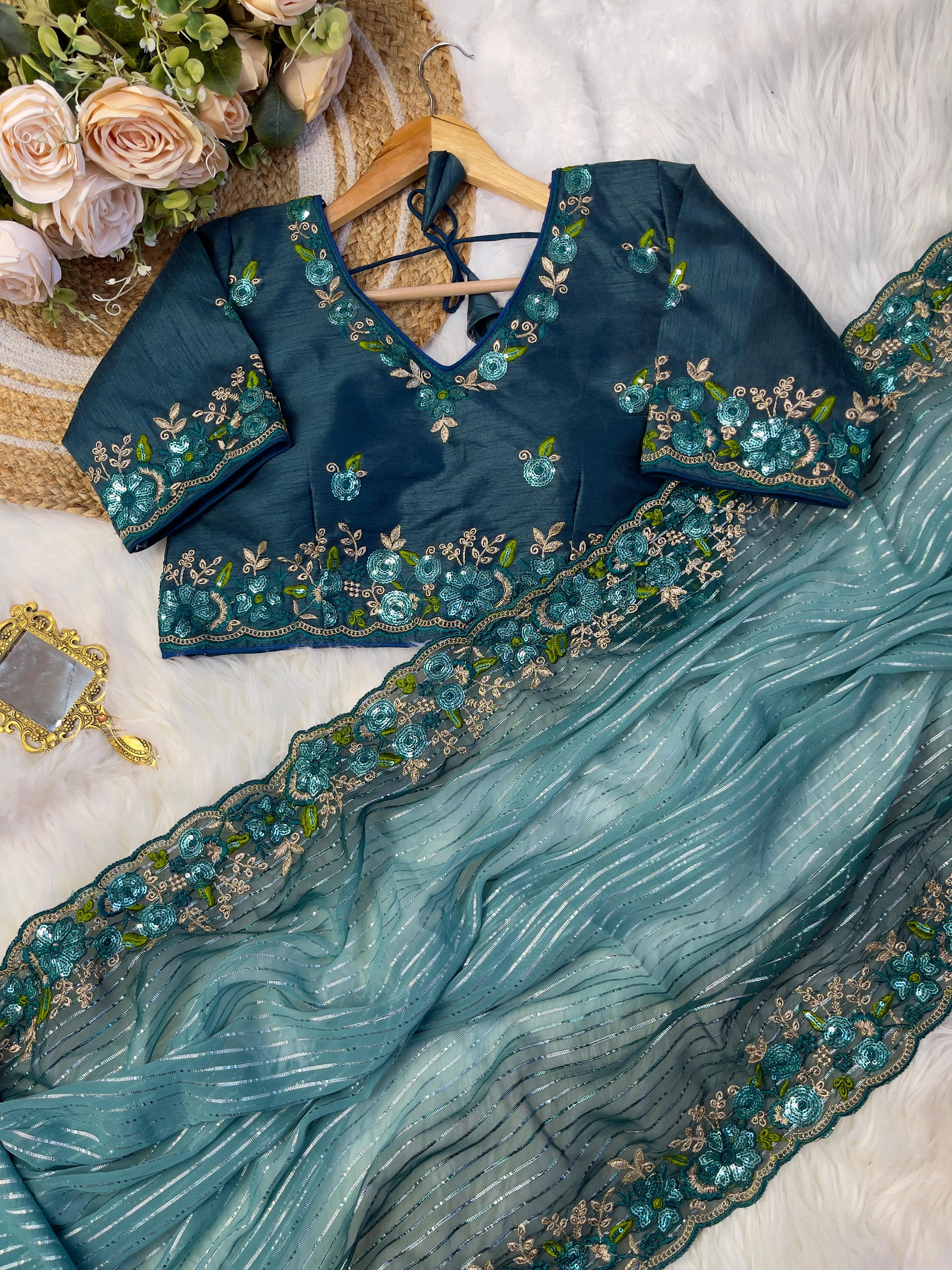 Silver Weaving Work Teal Blue Color Saree With Heavy Blouse
