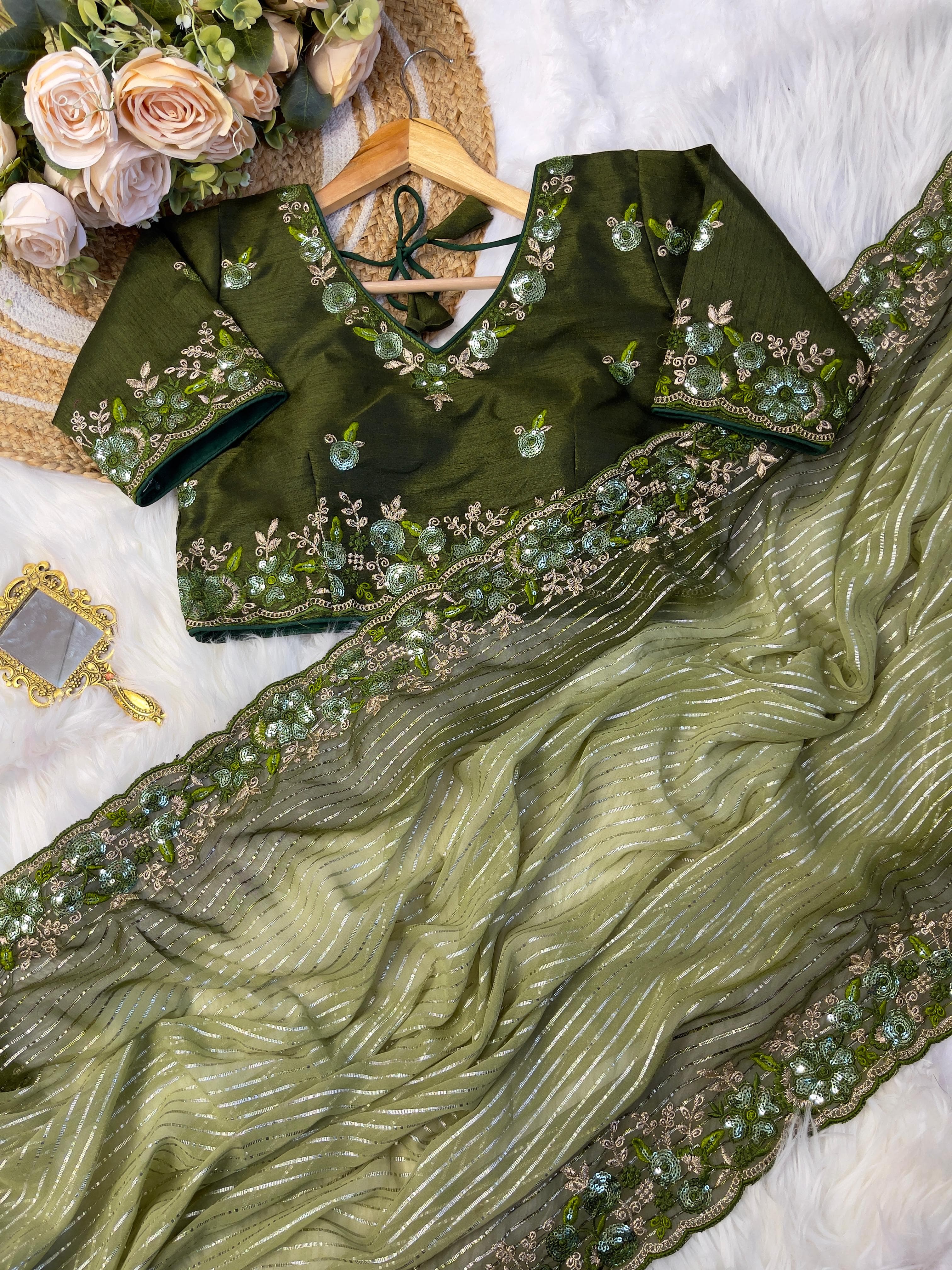 Silver Weaving Work Mehndi Color Saree With Heavy Blouse