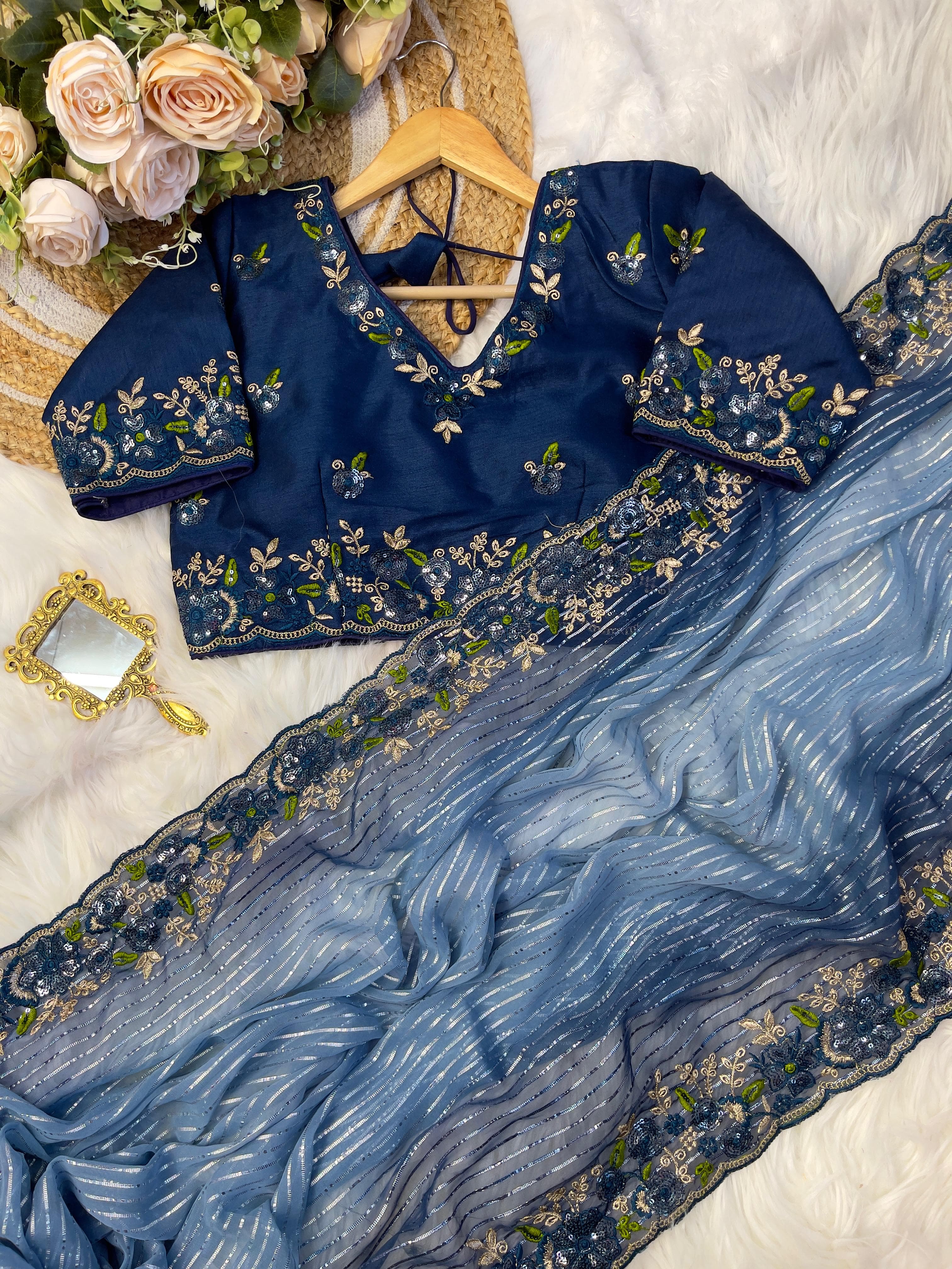 Silver Weaving Work Blue Color Saree With Heavy Blouse