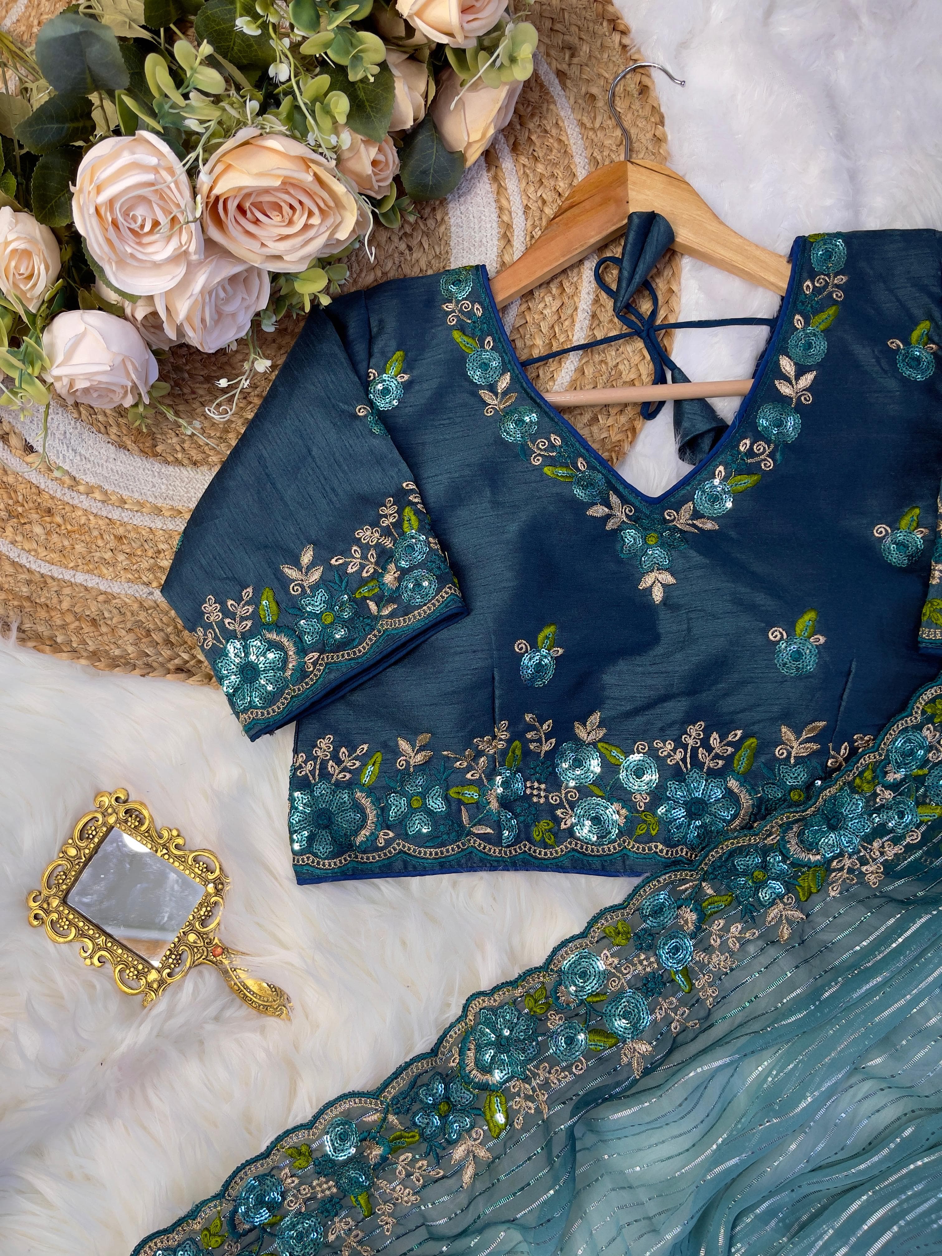 Silver Weaving Work Teal Blue Color Saree With Heavy Blouse
