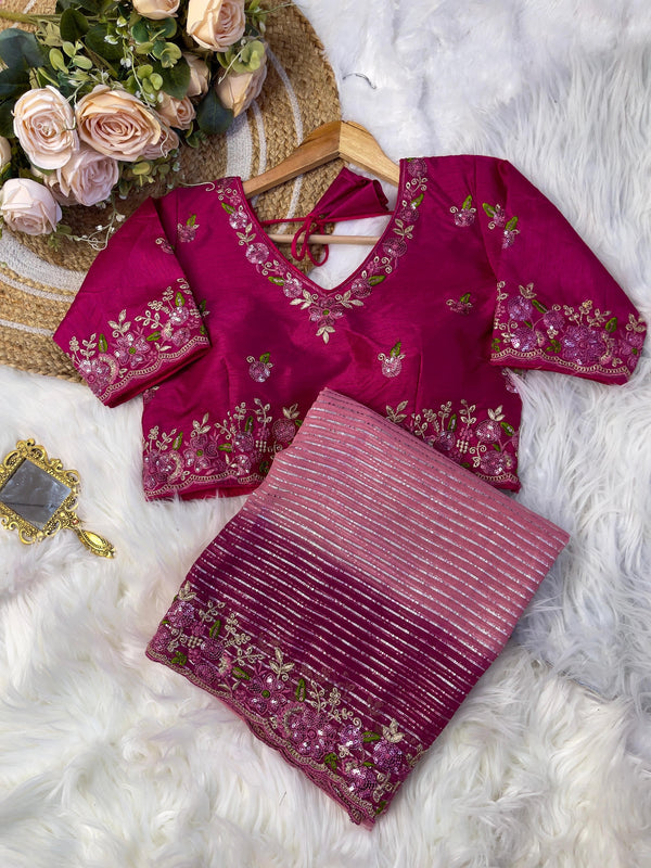 Silver Weaving Work Pink Color Saree With Heavy Blouse