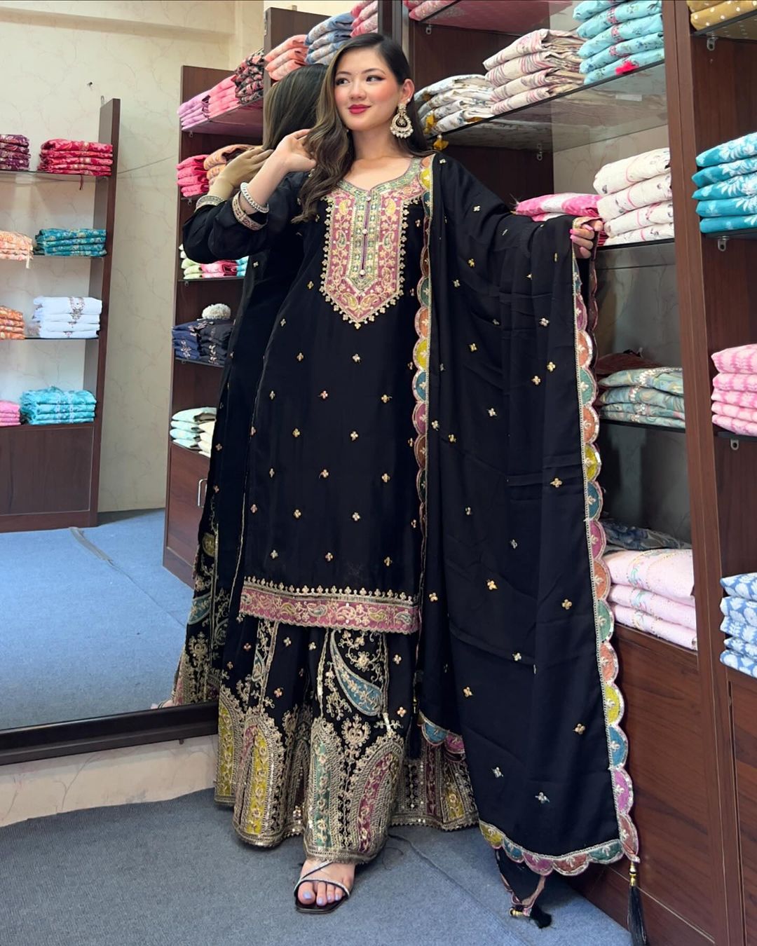 Embroidery Sequence Work Black Color Sharara Suit