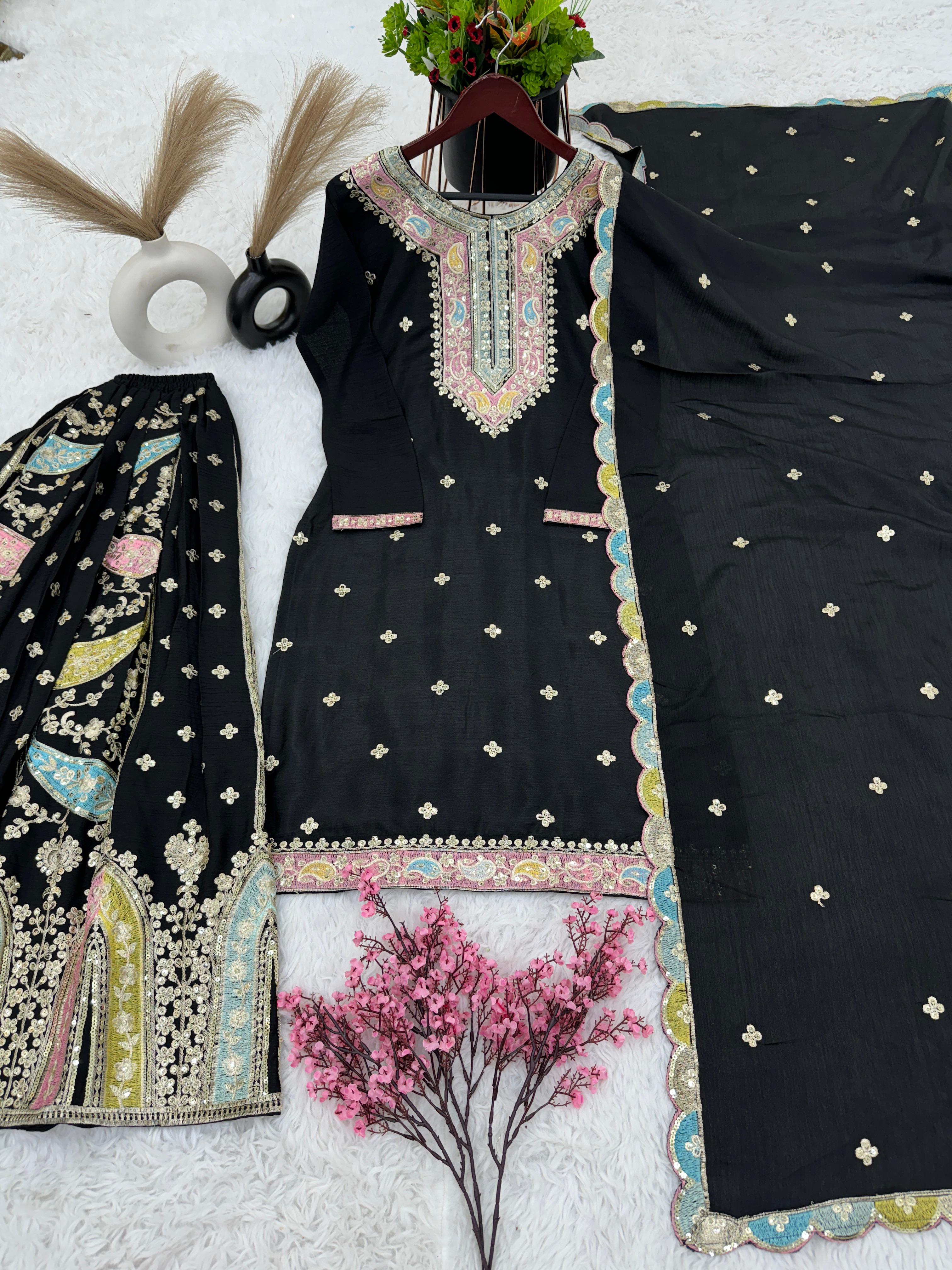 Embroidery Sequence Work Black Color Sharara Suit