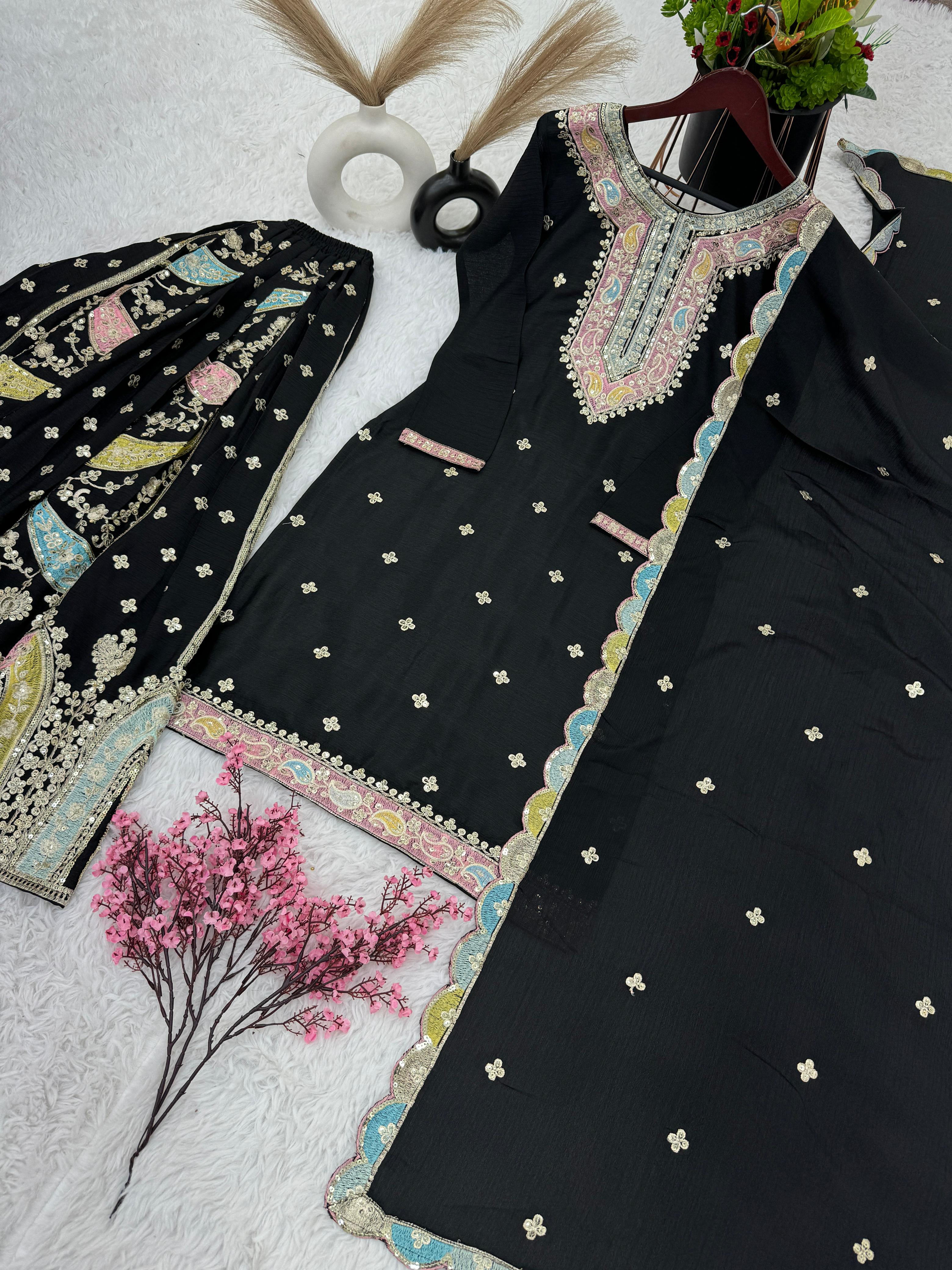 Embroidery Sequence Work Black Color Sharara Suit