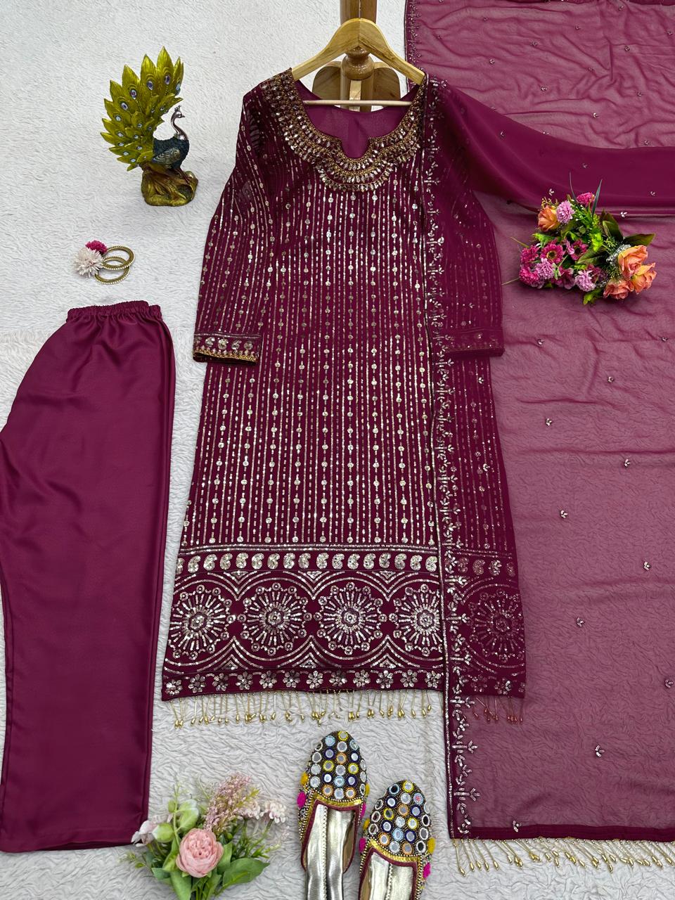 Fully Stitched Wine Thread Sequence Work Kurti Set