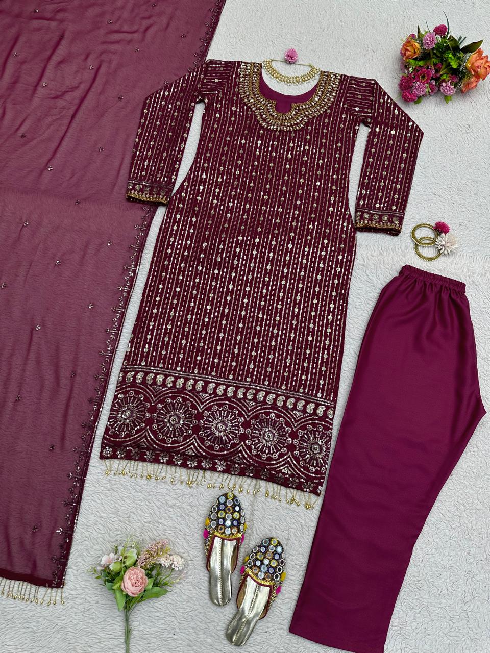 Fully Stitched Wine Thread Sequence Work Kurti Set