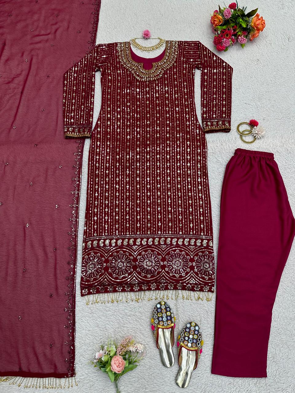 Fully Stitched Wine Thread Sequence Work Kurti Set