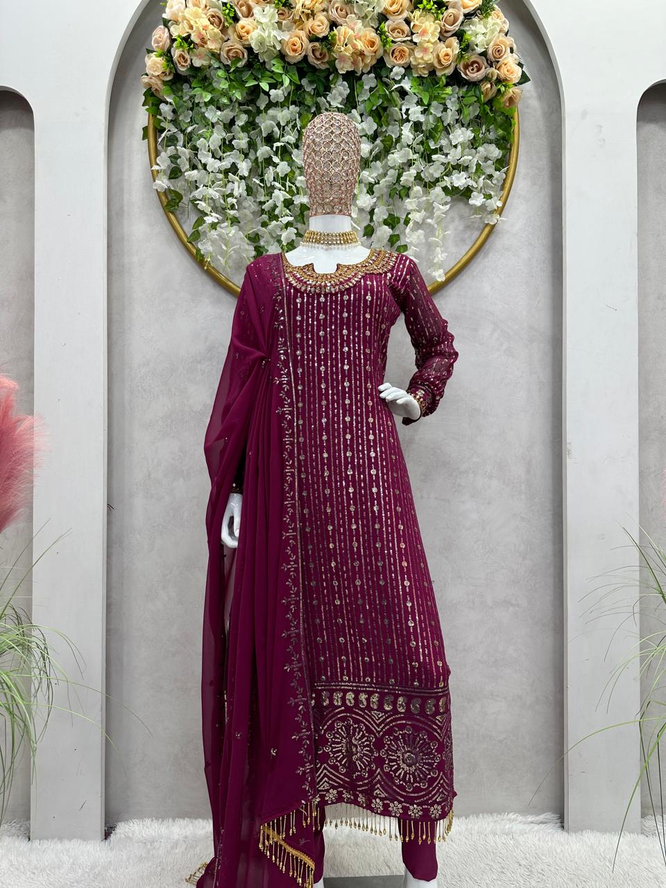 Fully Stitched Wine Thread Sequence Work Kurti Set