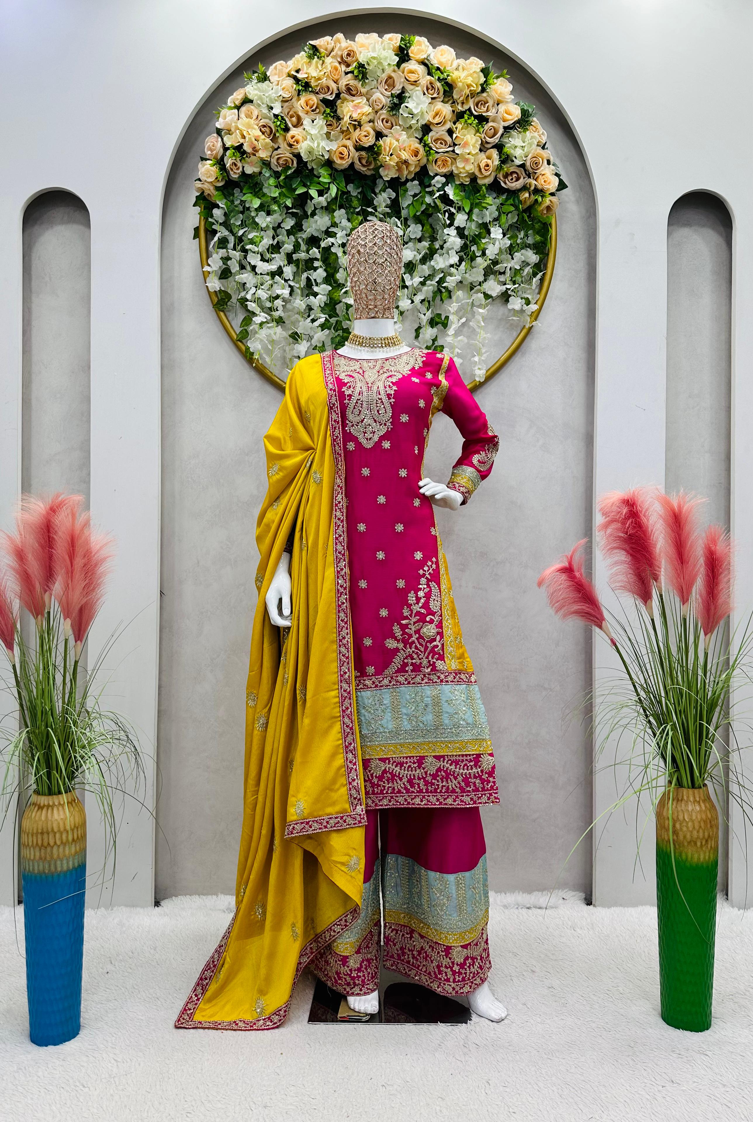 Festive Wear Pink Color Heavy Work Palazzo Suit