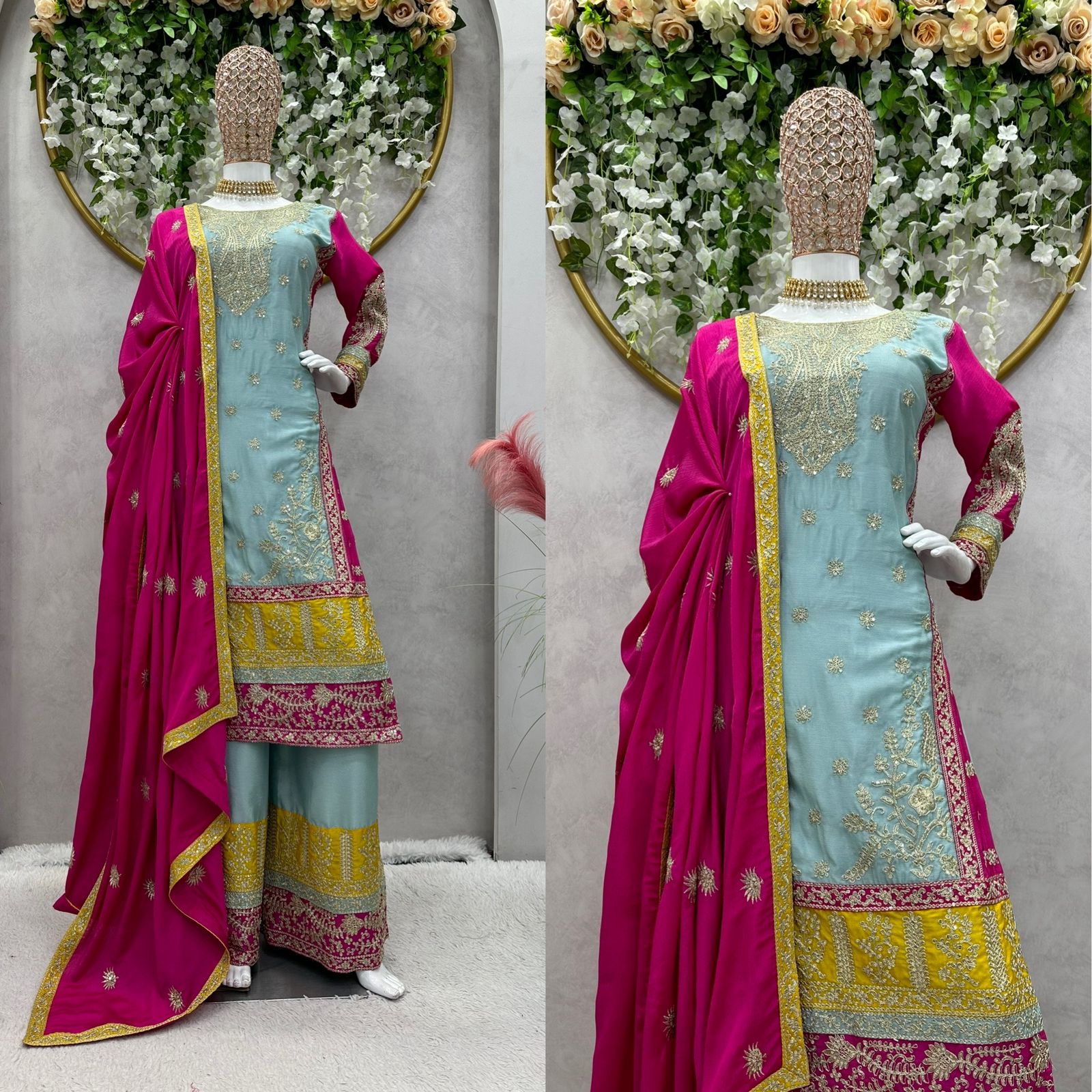 Festive Wear Sky Blue Color Heavy Work Palazzo Suit