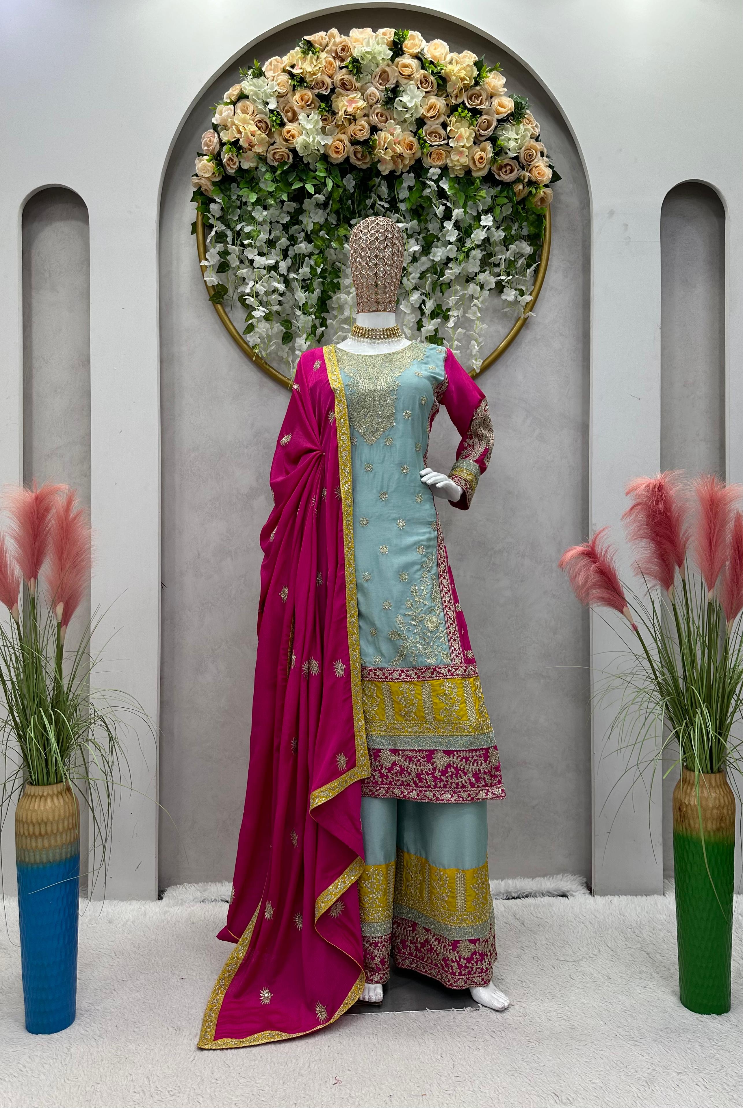 Festive Wear Sky Blue Color Heavy Work Palazzo Suit