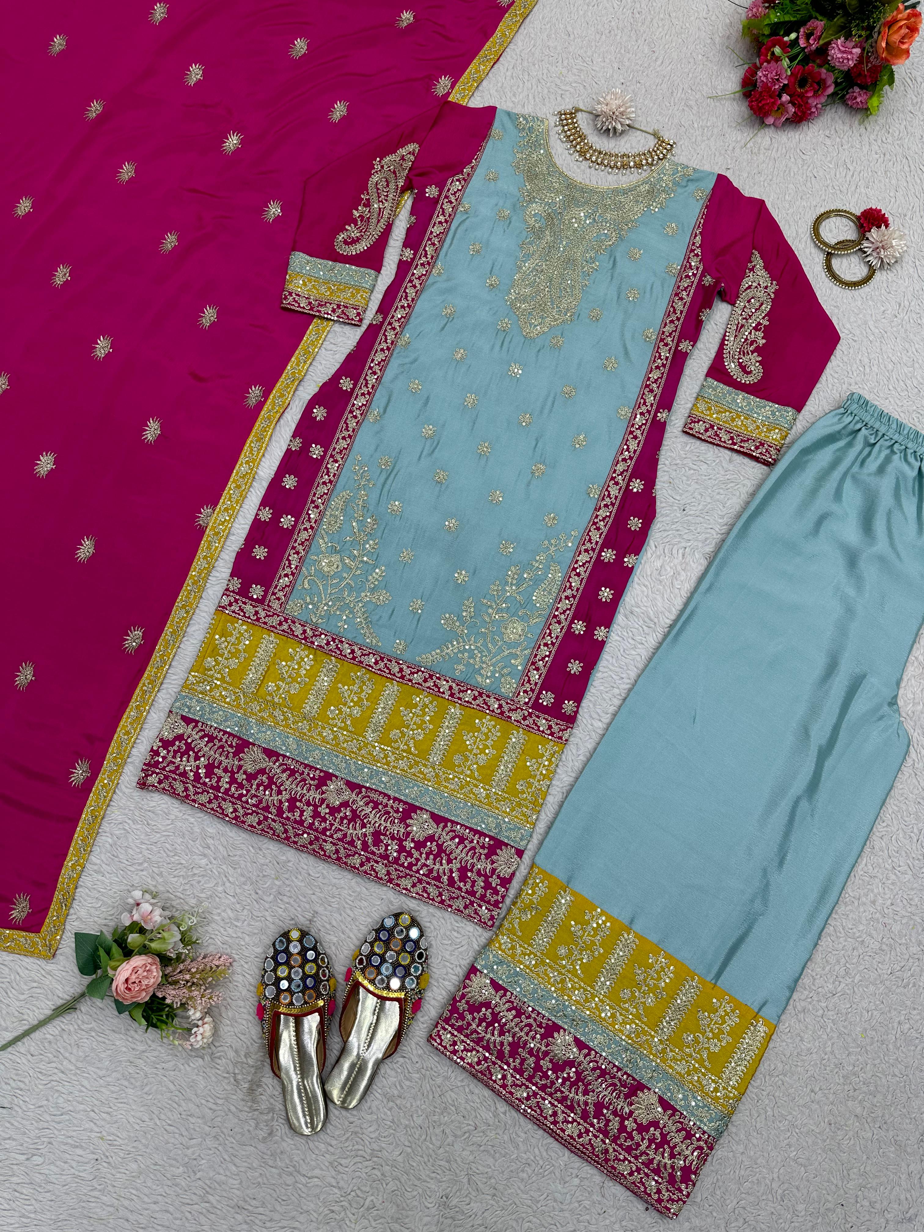 Festive Wear Sky Blue Color Heavy Work Palazzo Suit