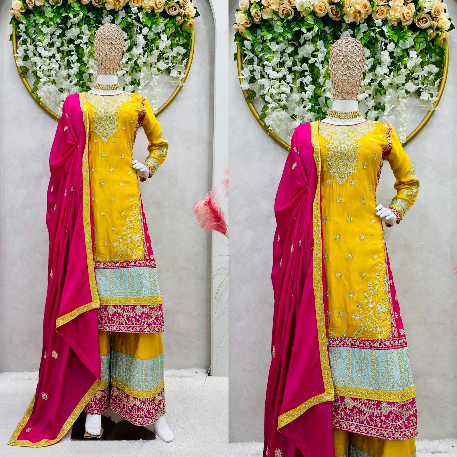 Festive Wear Yellow Color Heavy Work Palazzo Suit