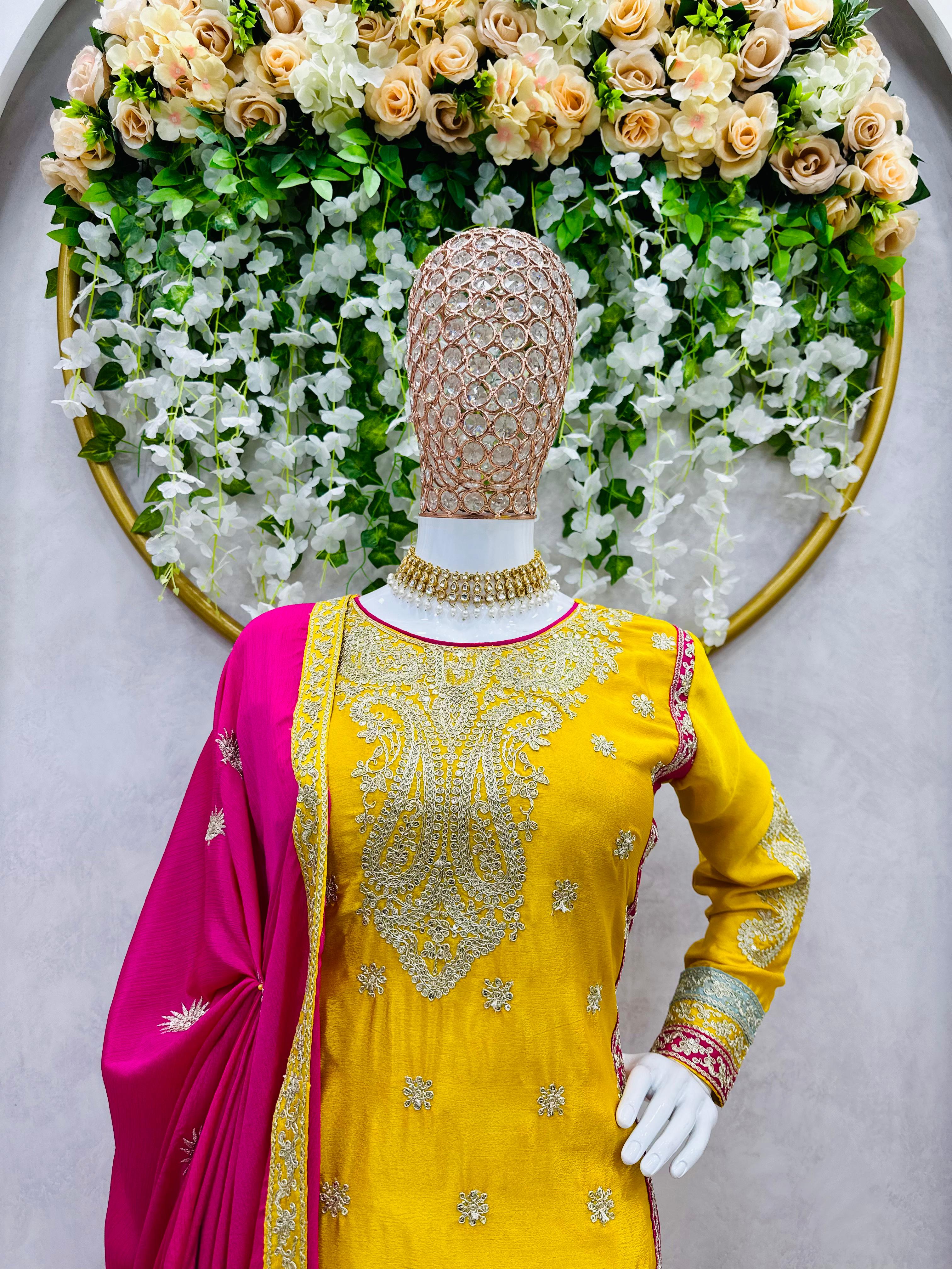 Festive Wear Yellow Color Heavy Work Palazzo Suit