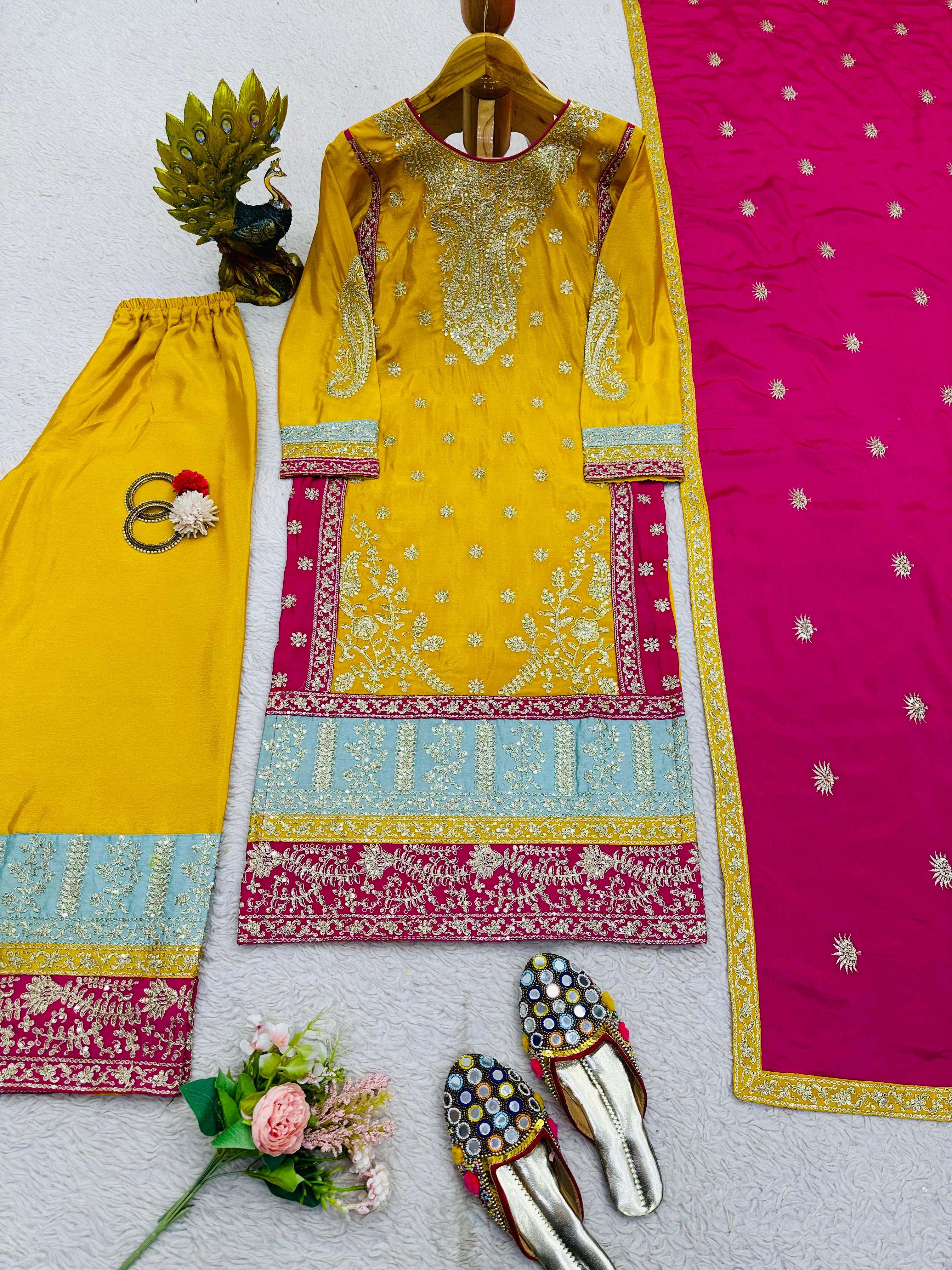 Festive Wear Yellow Color Heavy Work Palazzo Suit