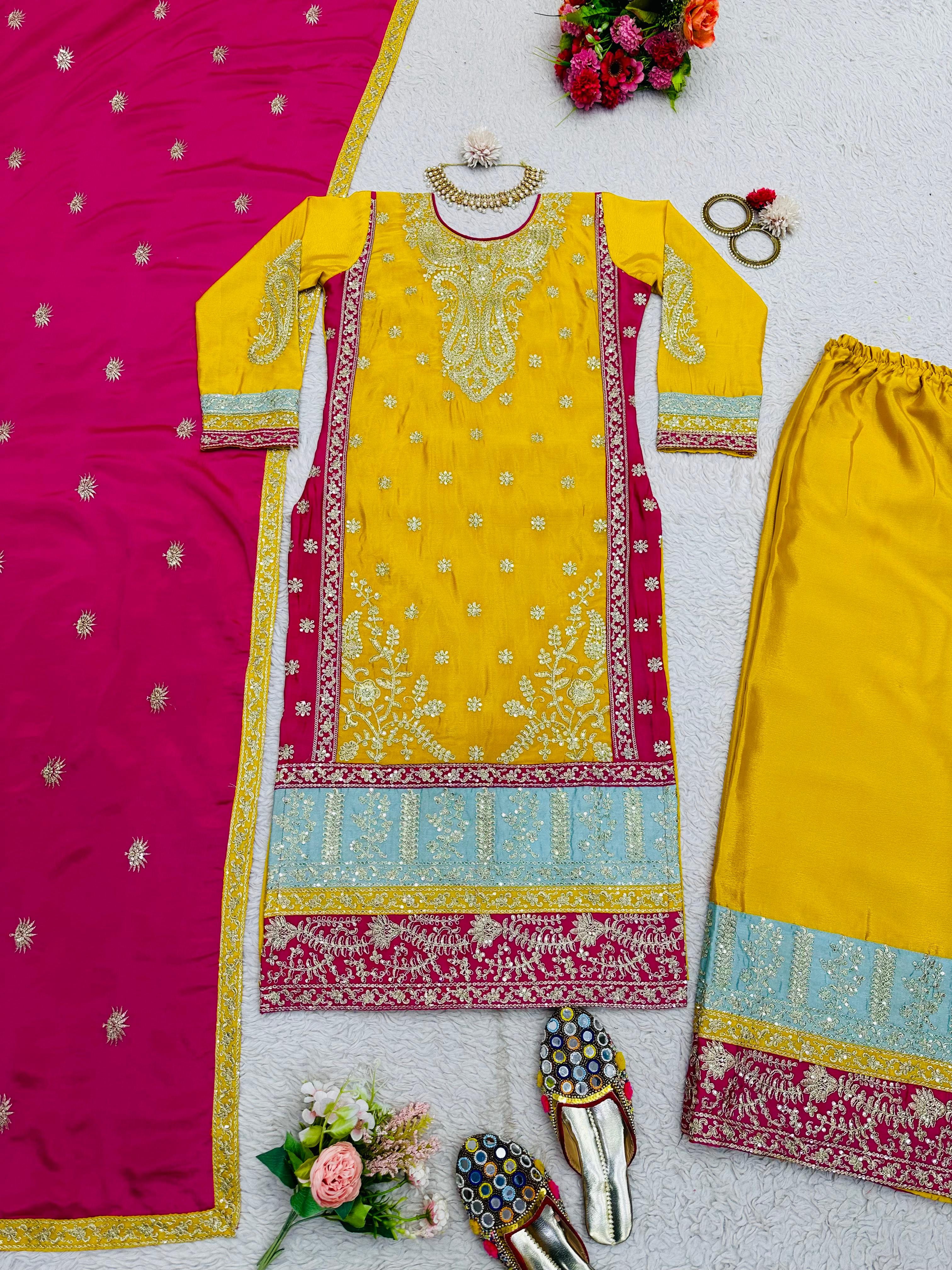 Festive Wear Yellow Color Heavy Work Palazzo Suit