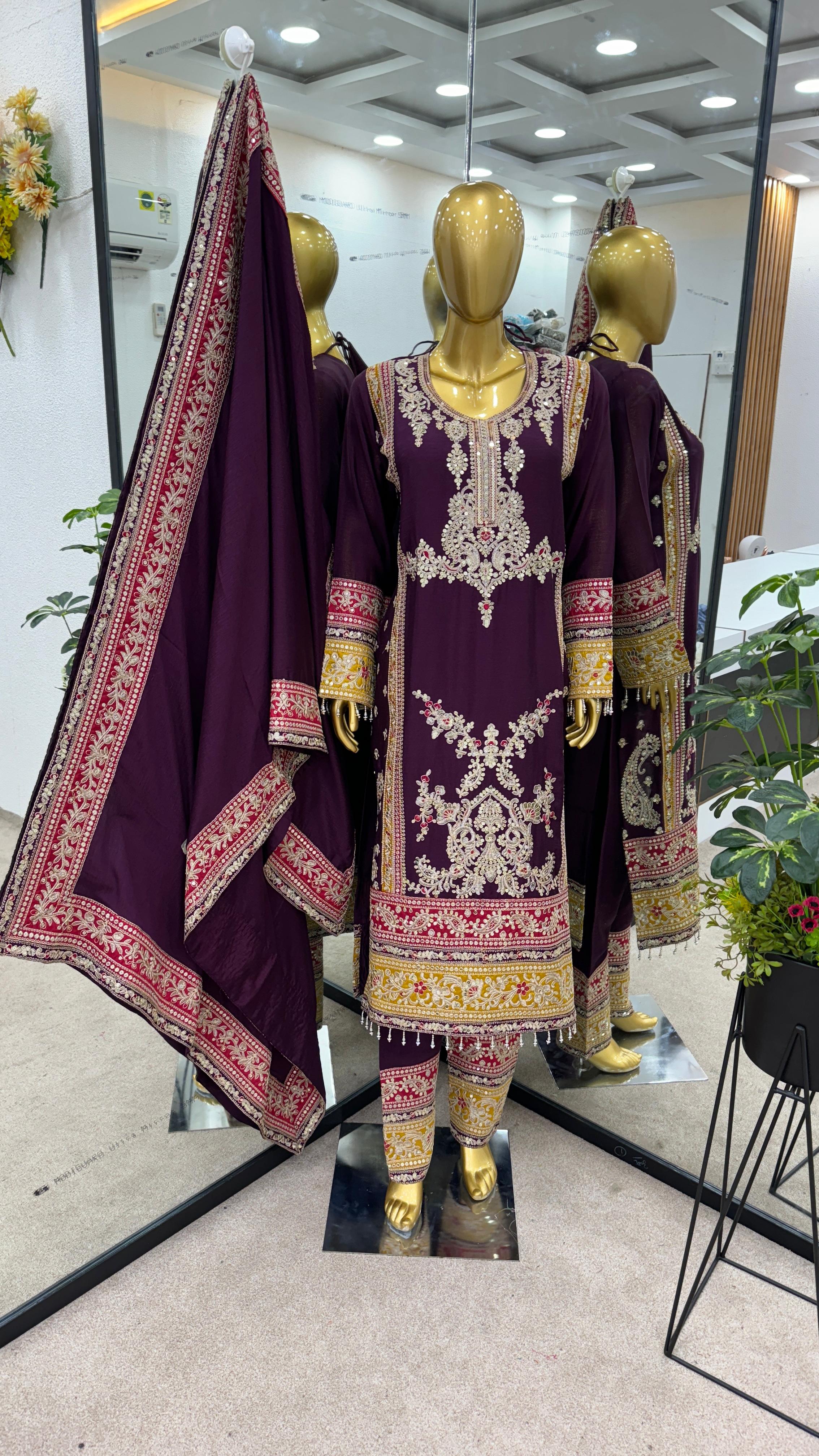 Wine Salwar Suit With Beautiful Sequence Embroidery Work