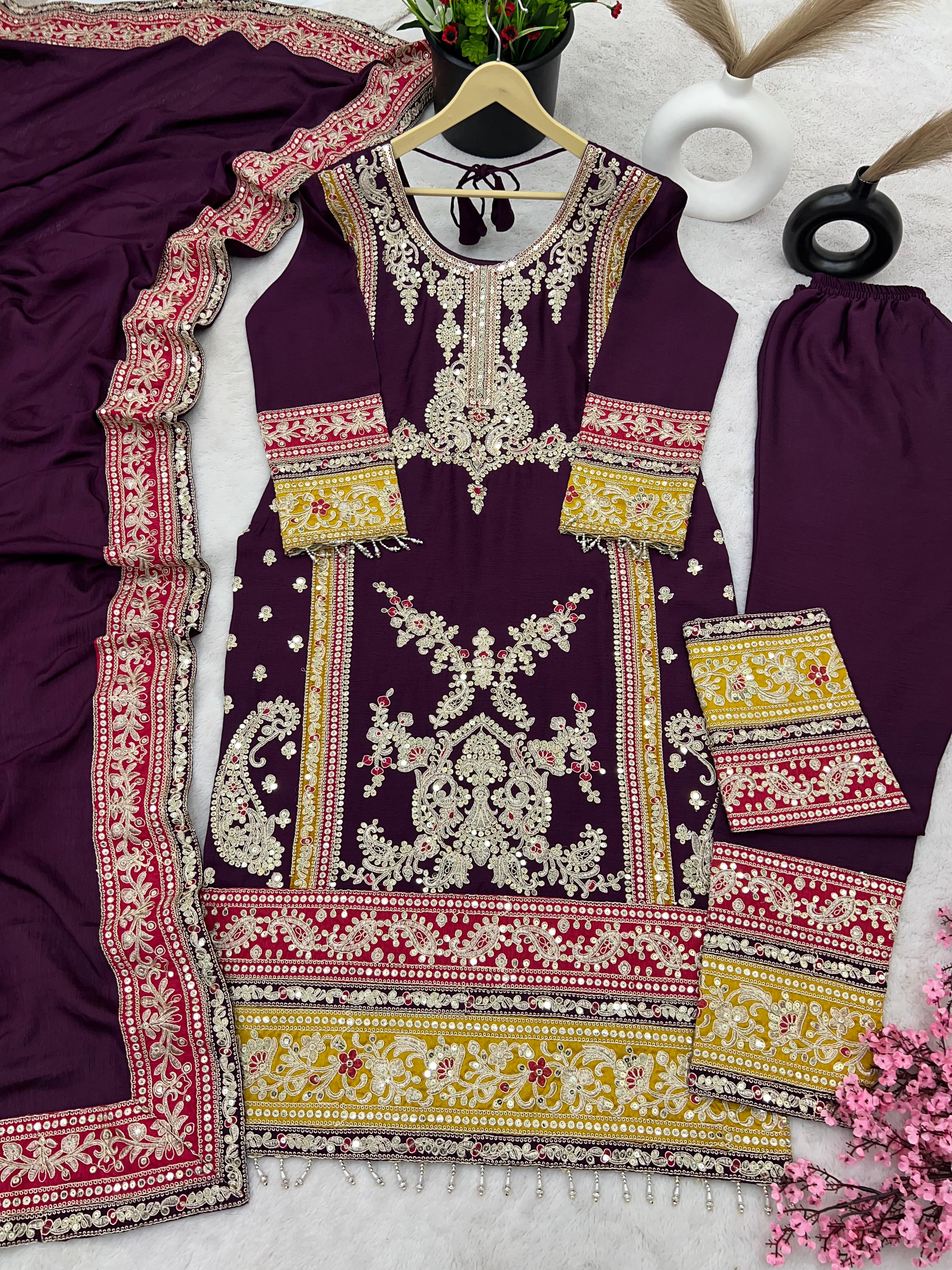 Wine Salwar Suit With Beautiful Sequence Embroidery Work