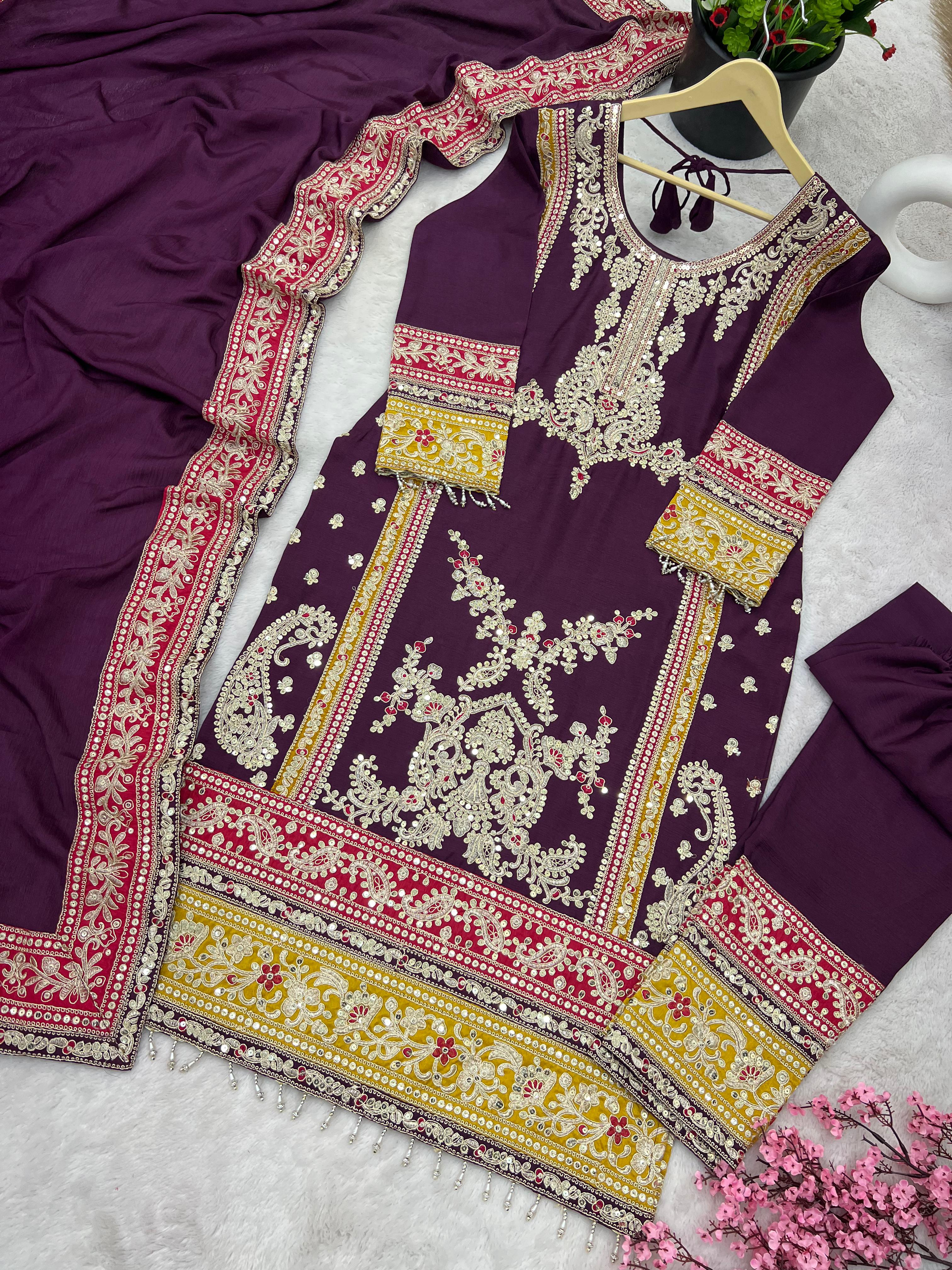 Wine Salwar Suit With Beautiful Sequence Embroidery Work