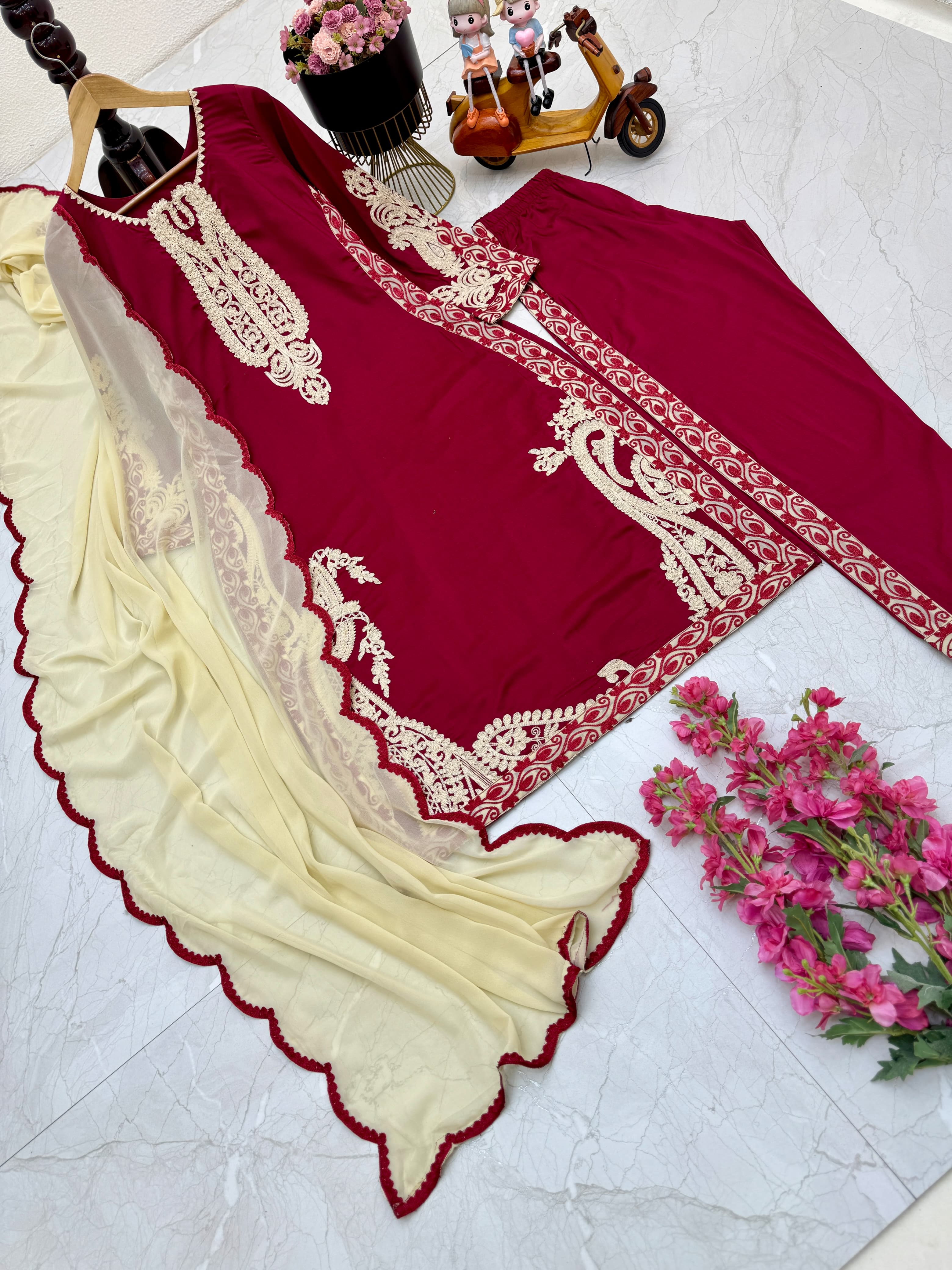 Exclusive Full Stitched Maroon Kurti Pant With Dupatta