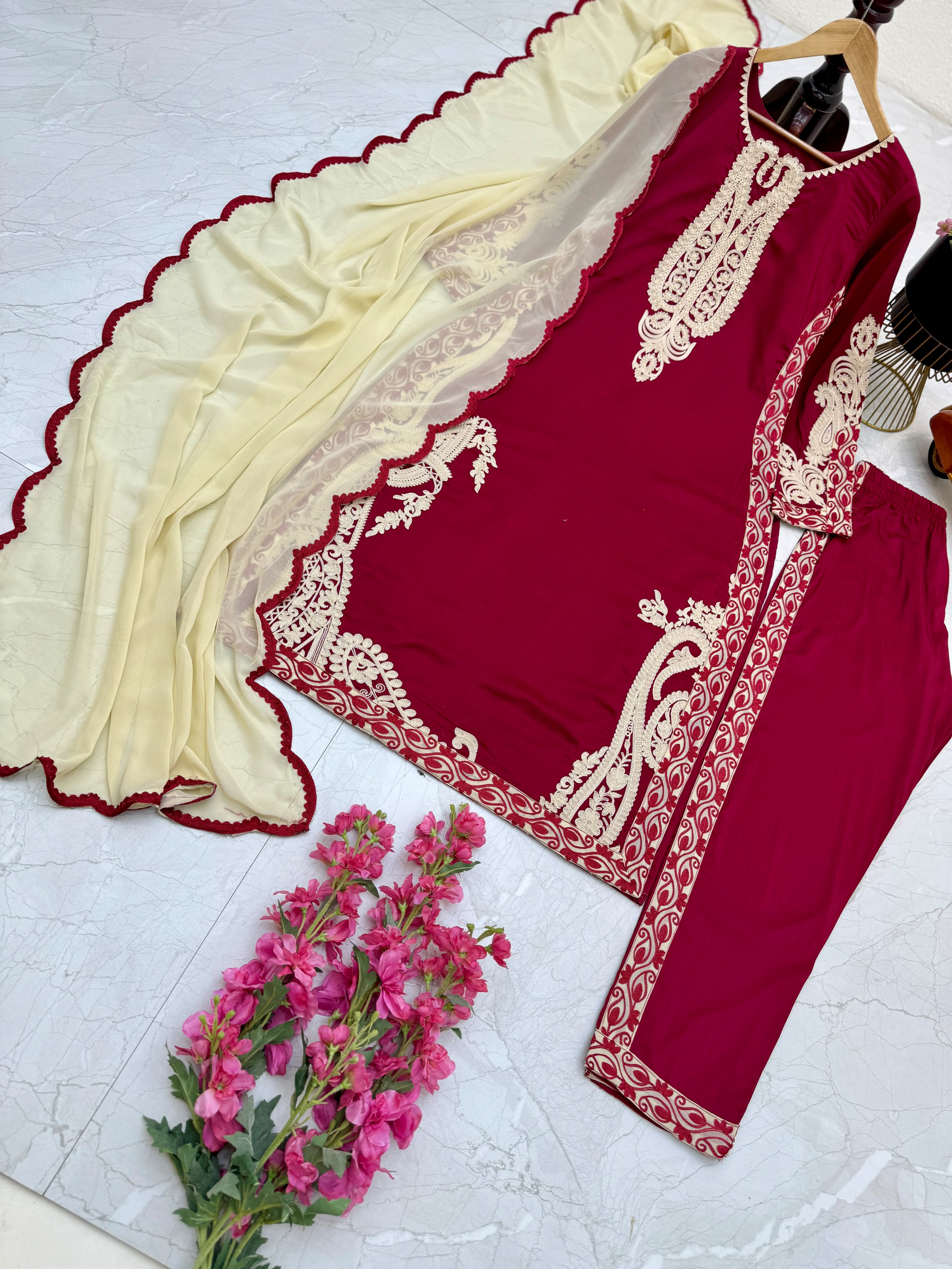 Exclusive Full Stitched Maroon Kurti Pant With Dupatta