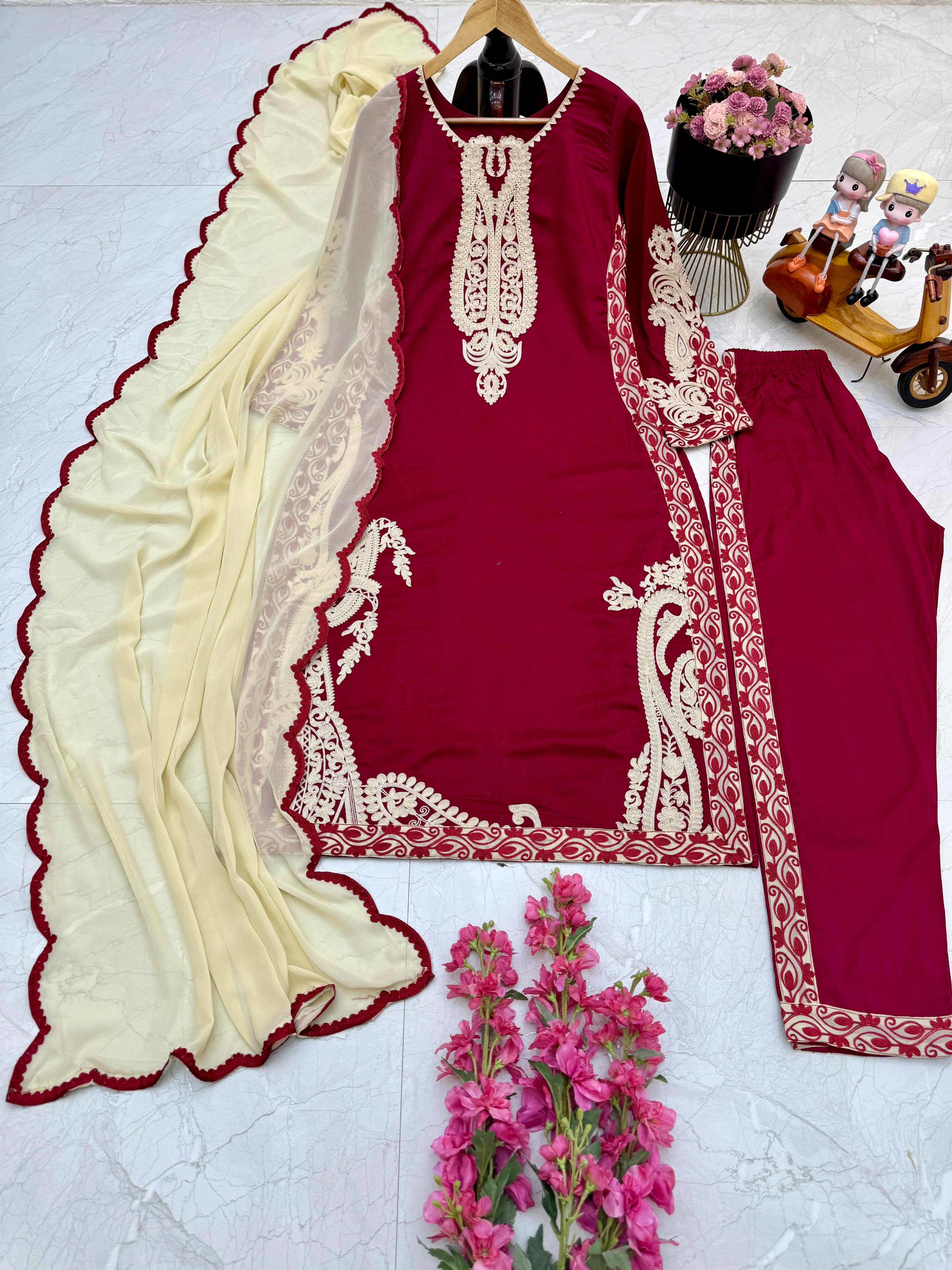 Exclusive Full Stitched Maroon Kurti Pant With Dupatta